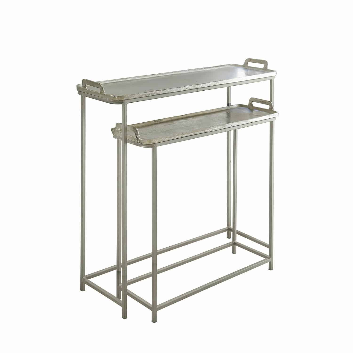 Lot de 2 consoles Bellingham Table en métal argenté avec deux plateaux pour rangement et décoration intérieure