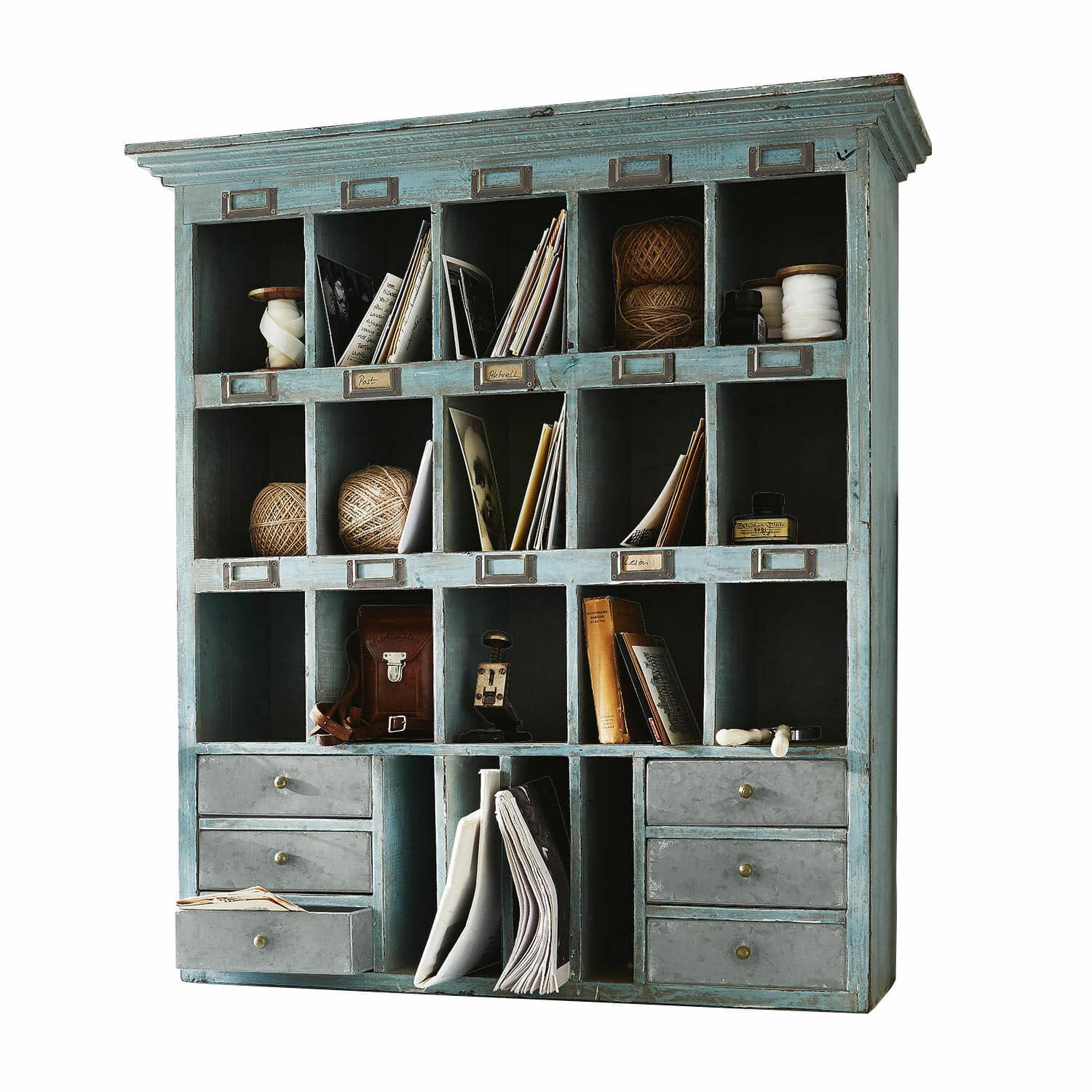 Organiseur Andover Meuble en bois bleu avec multiples compartiments et tiroirs pour ranger documents et accessoires