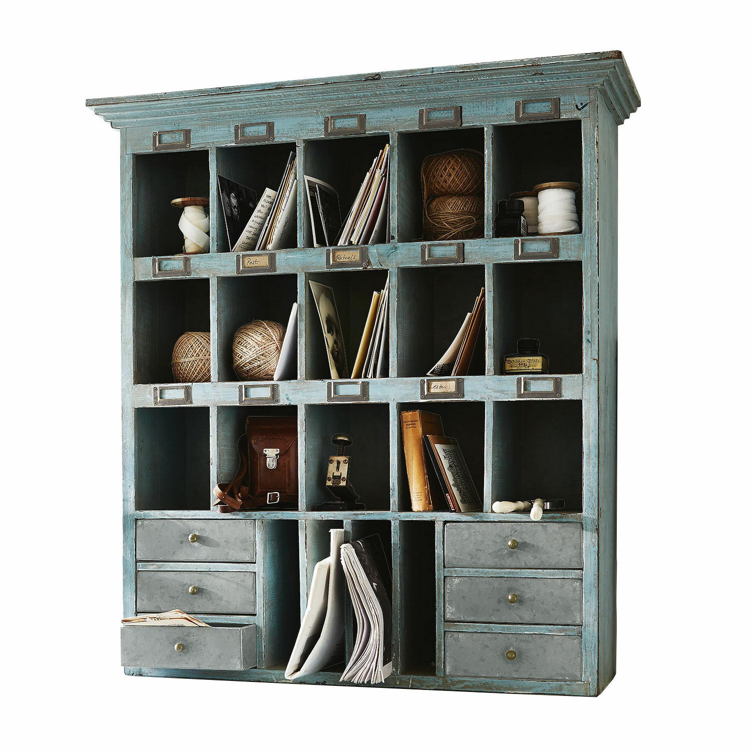 Organiseur Andover Meuble en bois bleu avec multiples compartiments et tiroirs pour ranger documents et accessoires