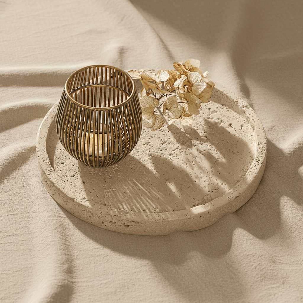 Plateau rond en pierre claire avec un photophore en métal et des fleurs séchées sur tissu beige