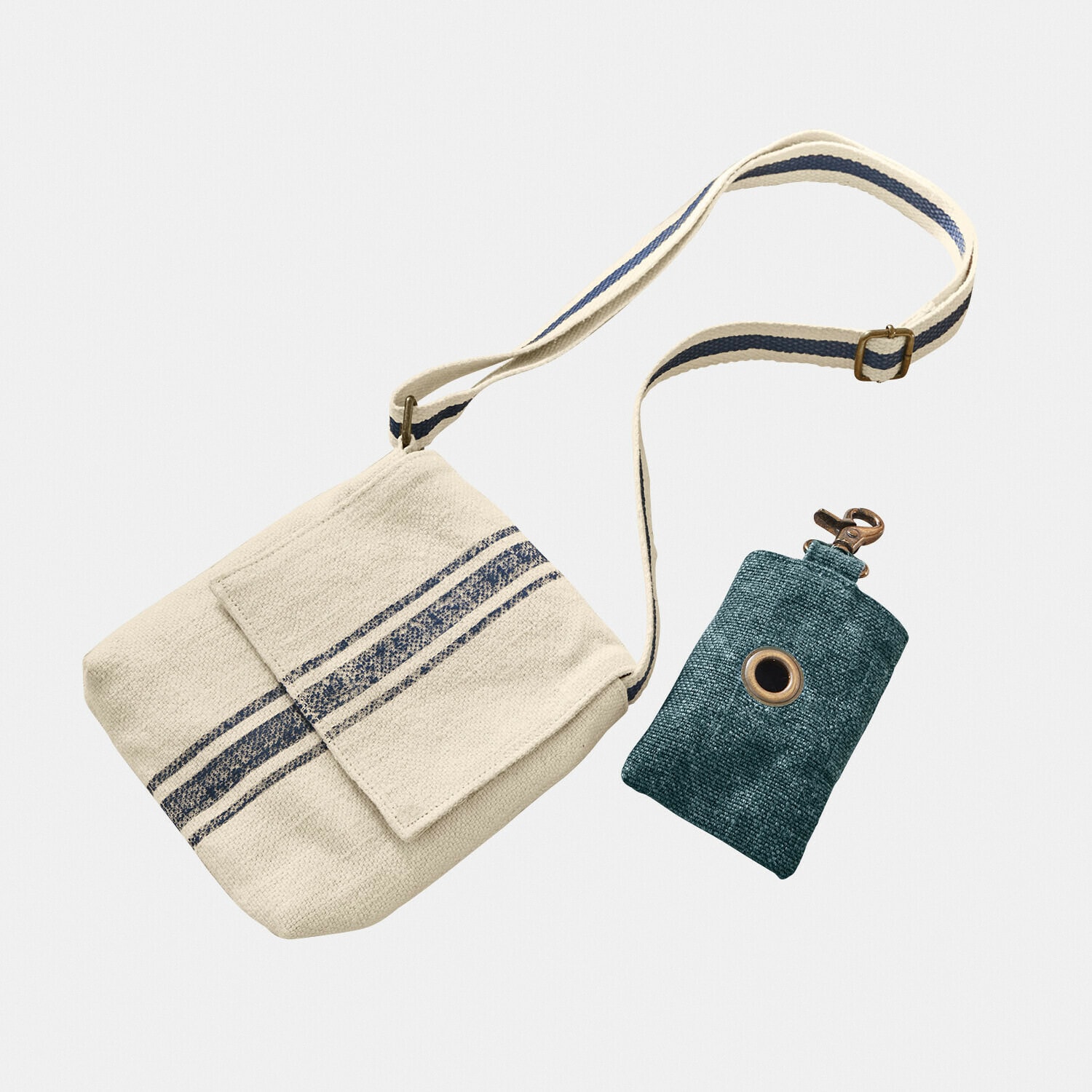 Lot de 2 pochettes Pawera Sac en coton beige avec bandes bleues et étui vert pour clés avec mousqueton en métal