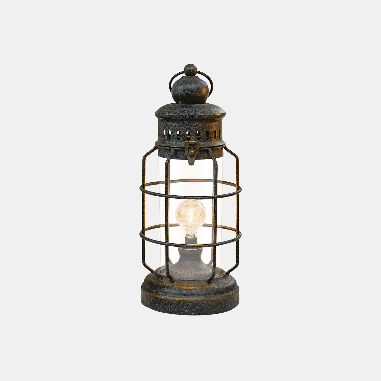 noir vieilli Lanterne LED rechargeable Arvada en métal noir antique avec verre transparent et cage de protection