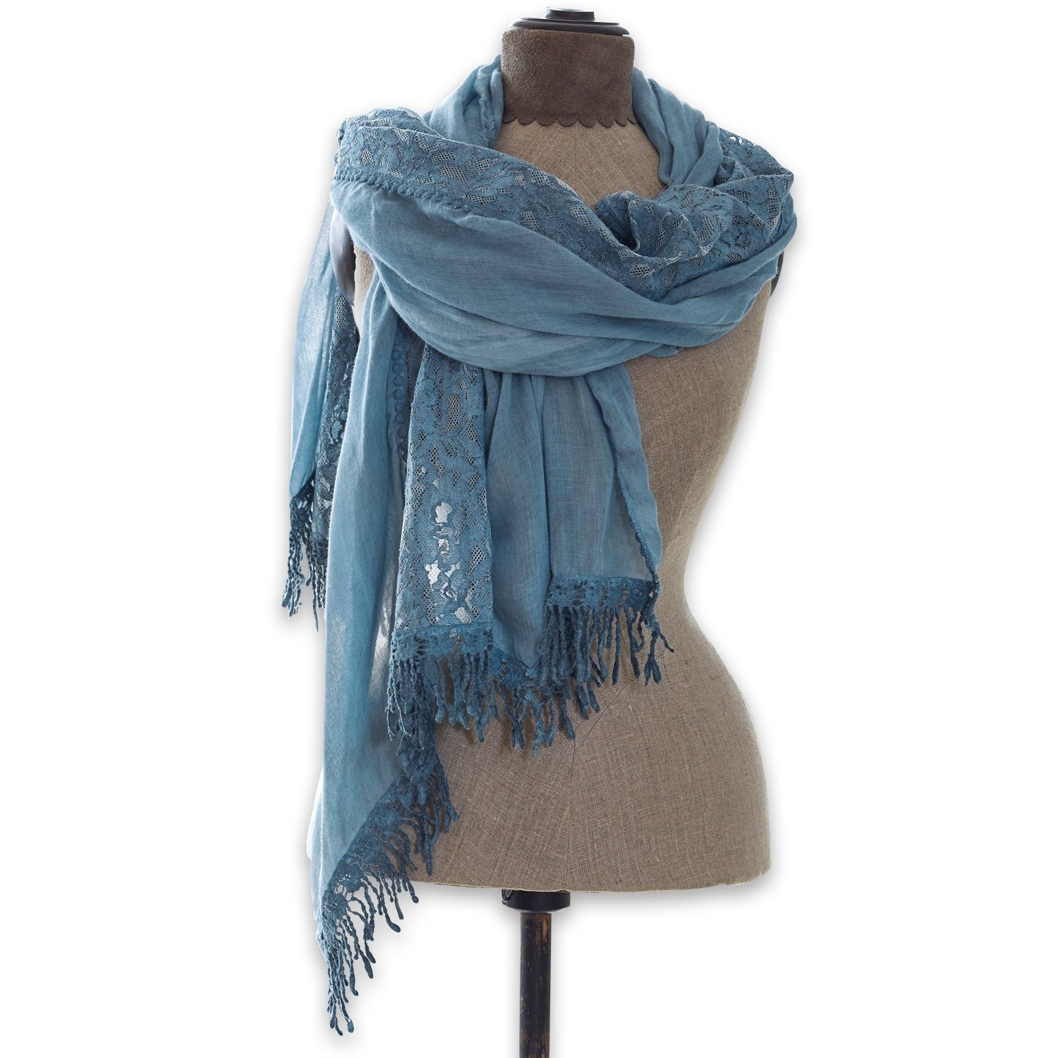 Étole Emely Écharpe légère bleue avec dentelle et franges, tissu doux pour temps frais