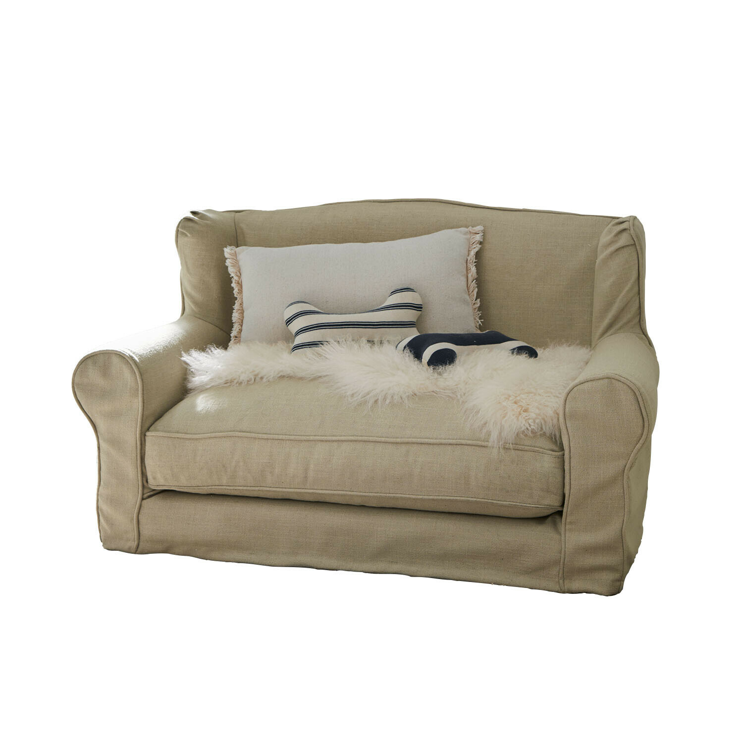 Canapé pour animaux Panora Canapé deux places beige en tissu avec coussins et couverture en fausse fourrure pour salon
