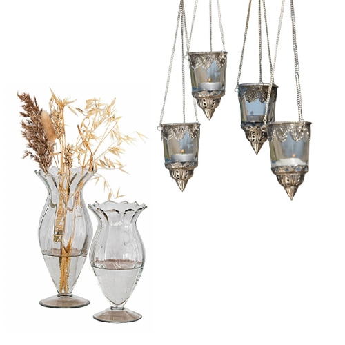 Vases en verre et photophores suspendus en métal style vintage pour décoration intérieure