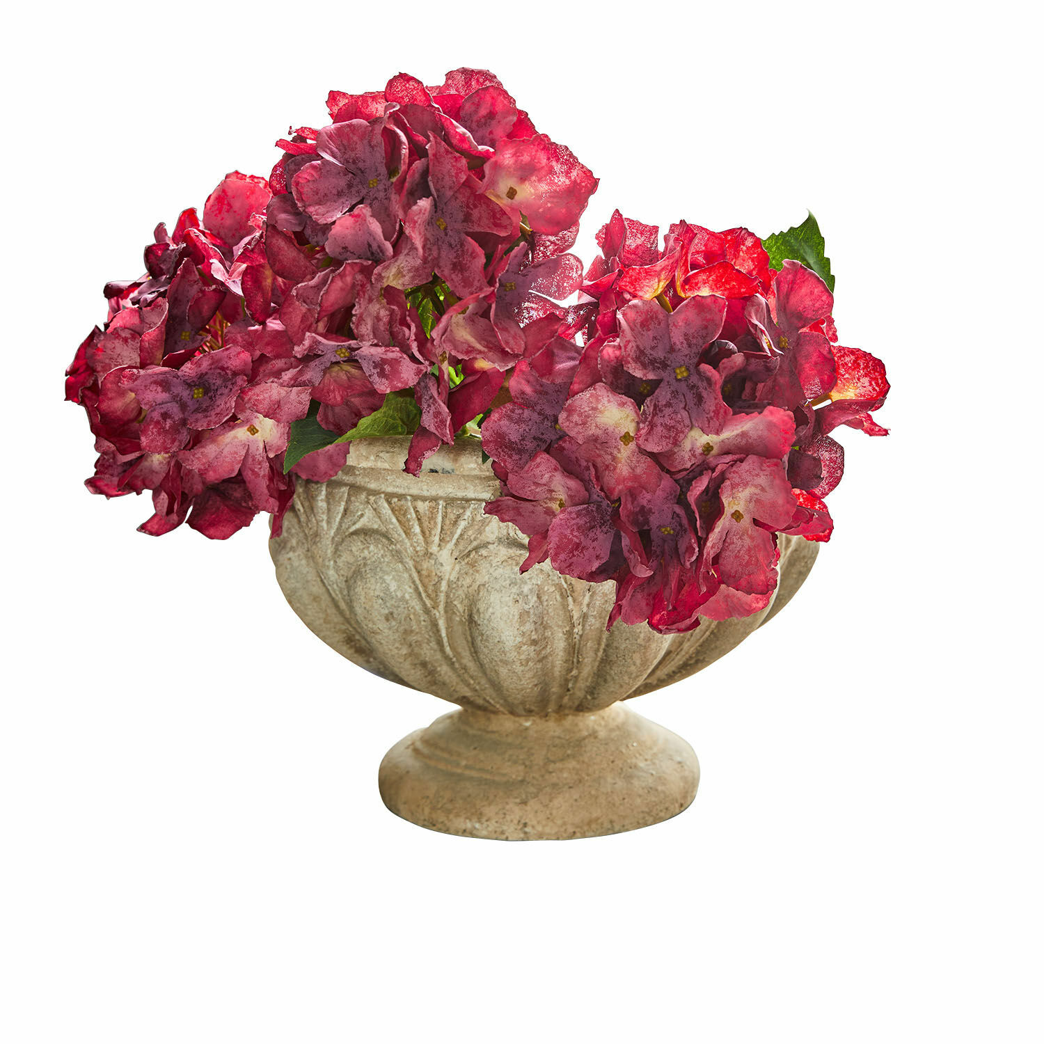 Amphore Orlida Coupe en pierre décorative avec fleurs rouges d'hortensia, décoration intérieure et jardin