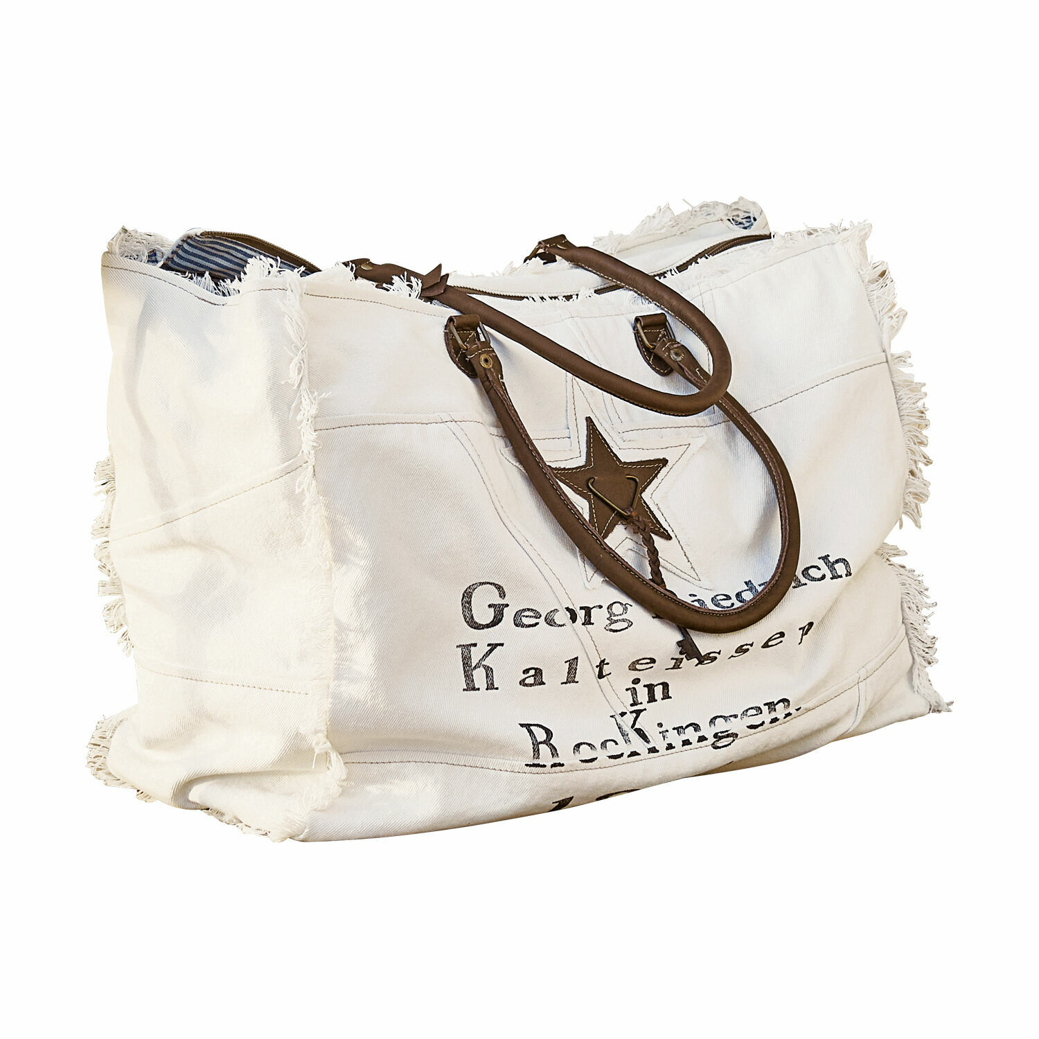 Cabas Friedrich Grand sac en tissu blanc avec poignées marron et étoile imprimée, sac de courses pratique