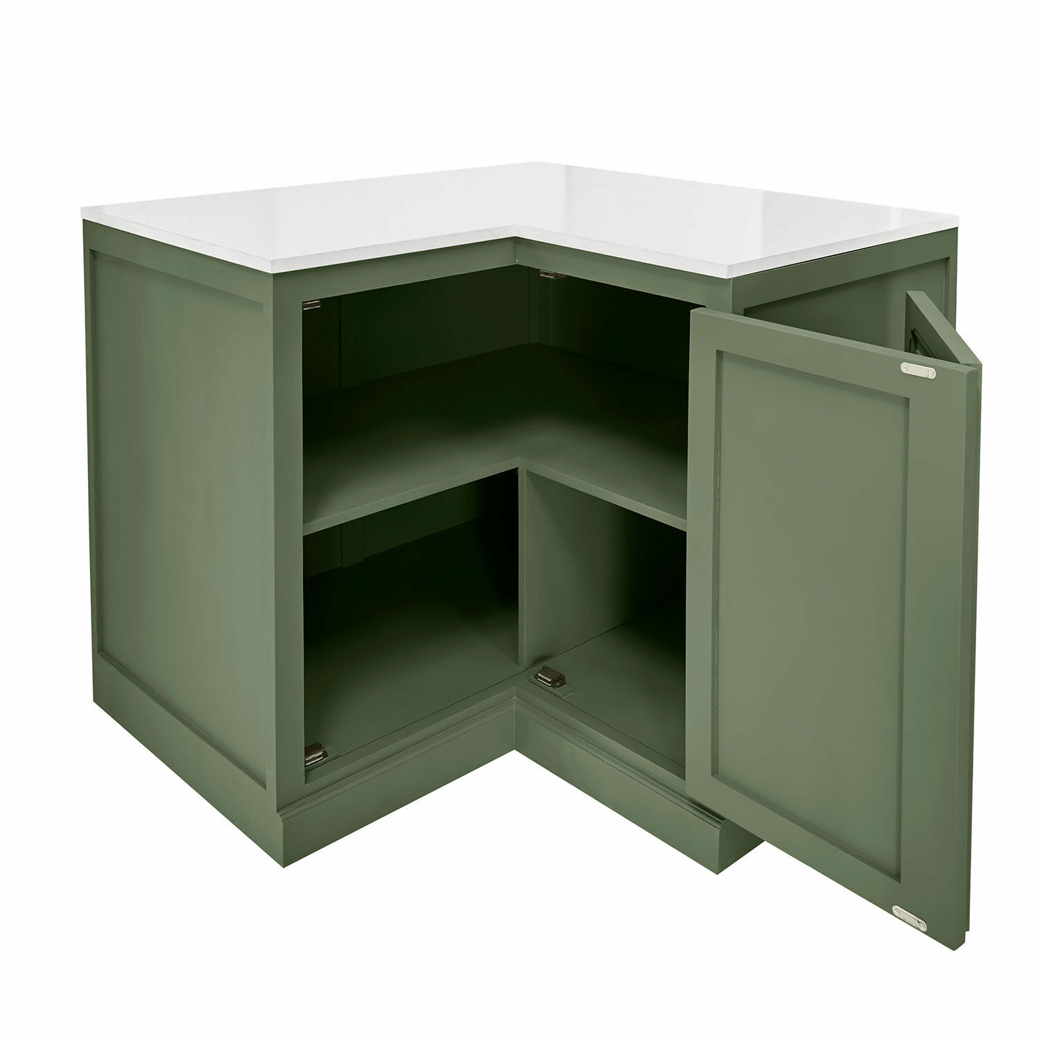 Armoire d'angle Lansbury Meuble d'angle vert en bois avec plateau blanc, espace de rangement pratique pour la maison