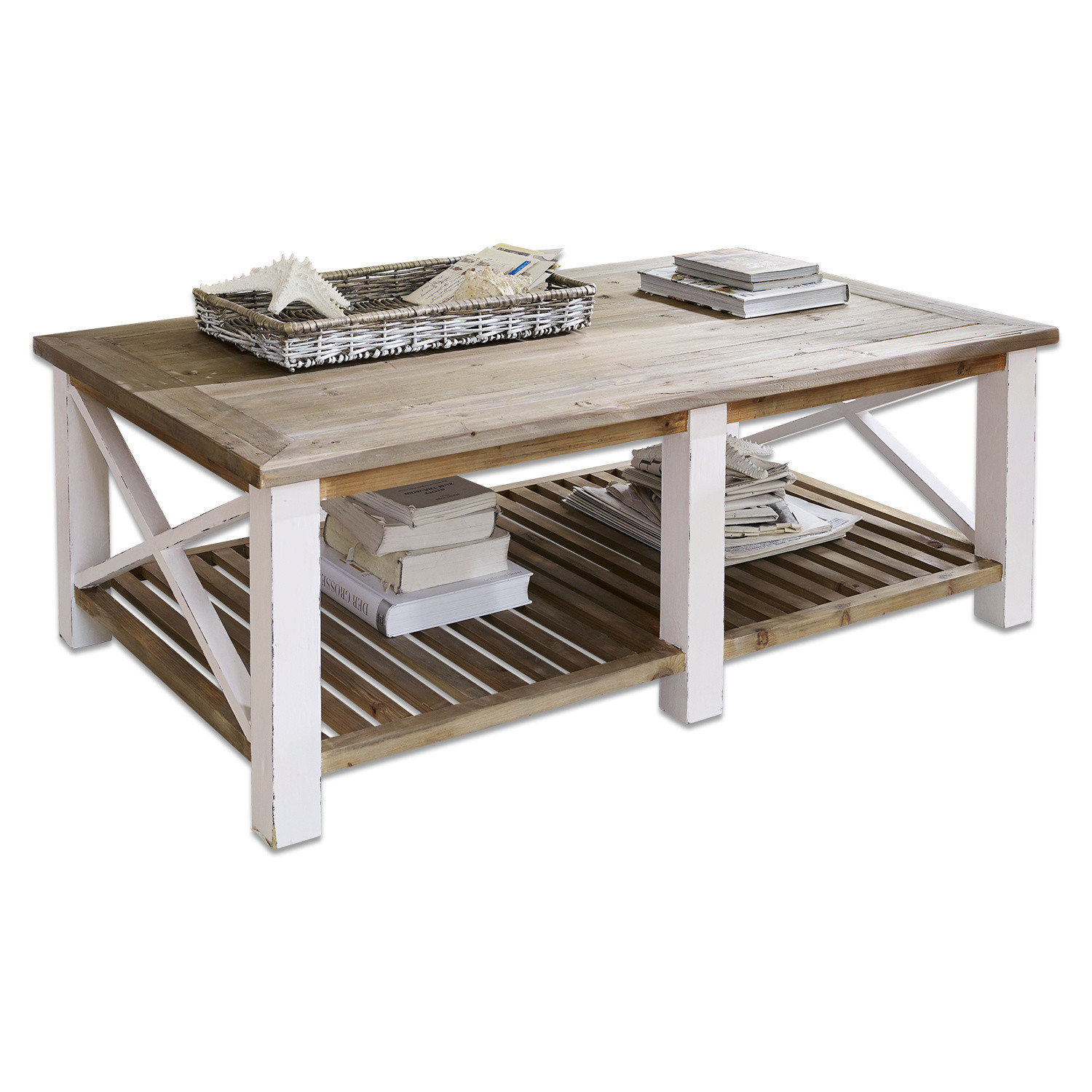 Table basse Medfield Table basse en bois naturel et blanc avec étagère pour livres et objets décoratifs