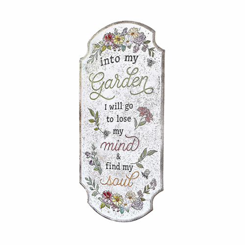 Plaque décorative de jardin avec inscription et motif floral sur fond blanc, décoration extérieure