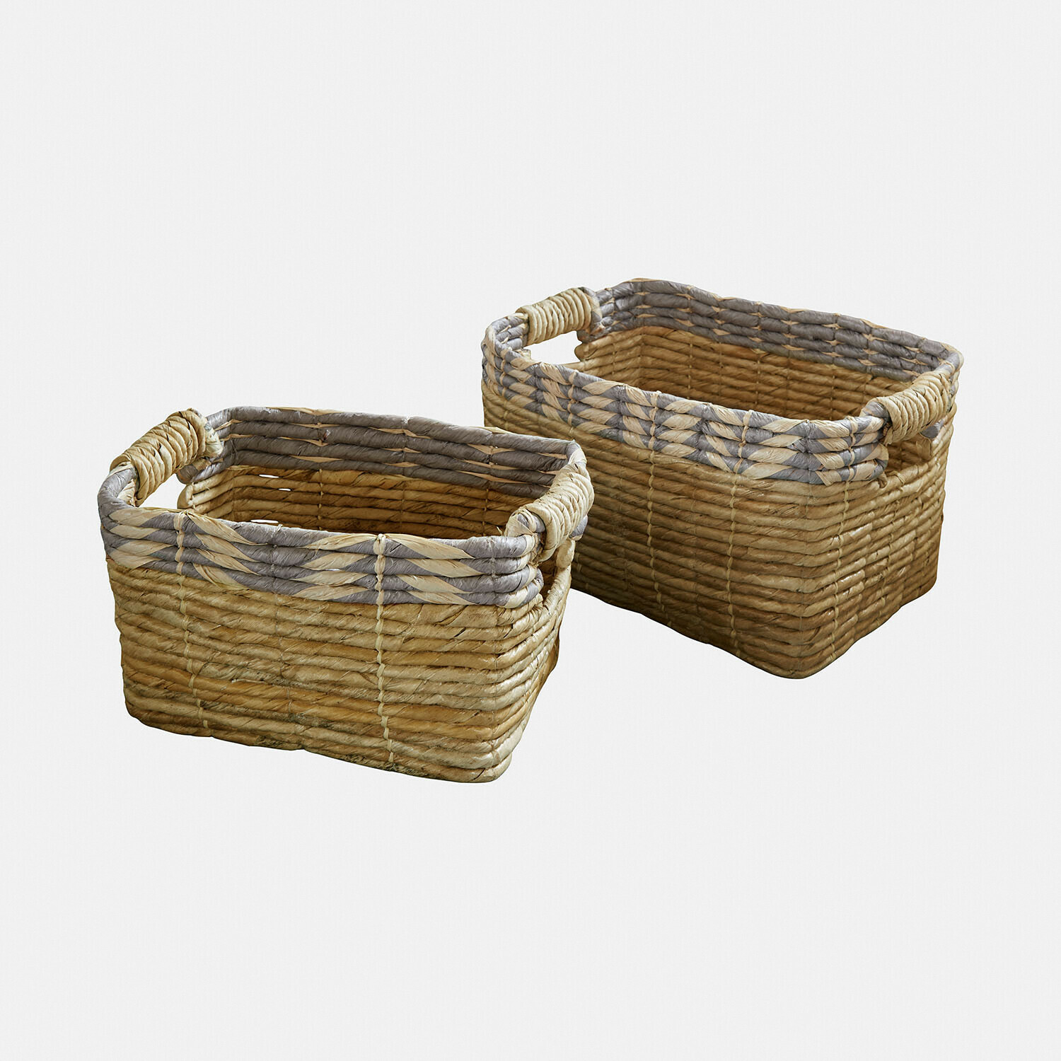 Ensemble de deux paniers rectangulaires en osier tressé naturel et gris pour rangement pratique