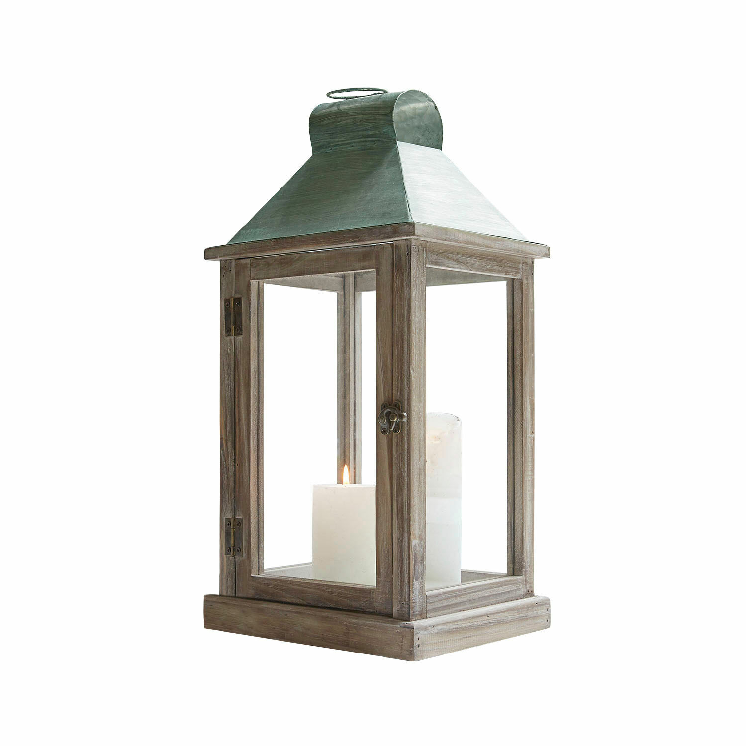 Lanterne Corte Lanterne en bois avec toit en métal vert et bougie blanche, décoration intérieure et extérieure