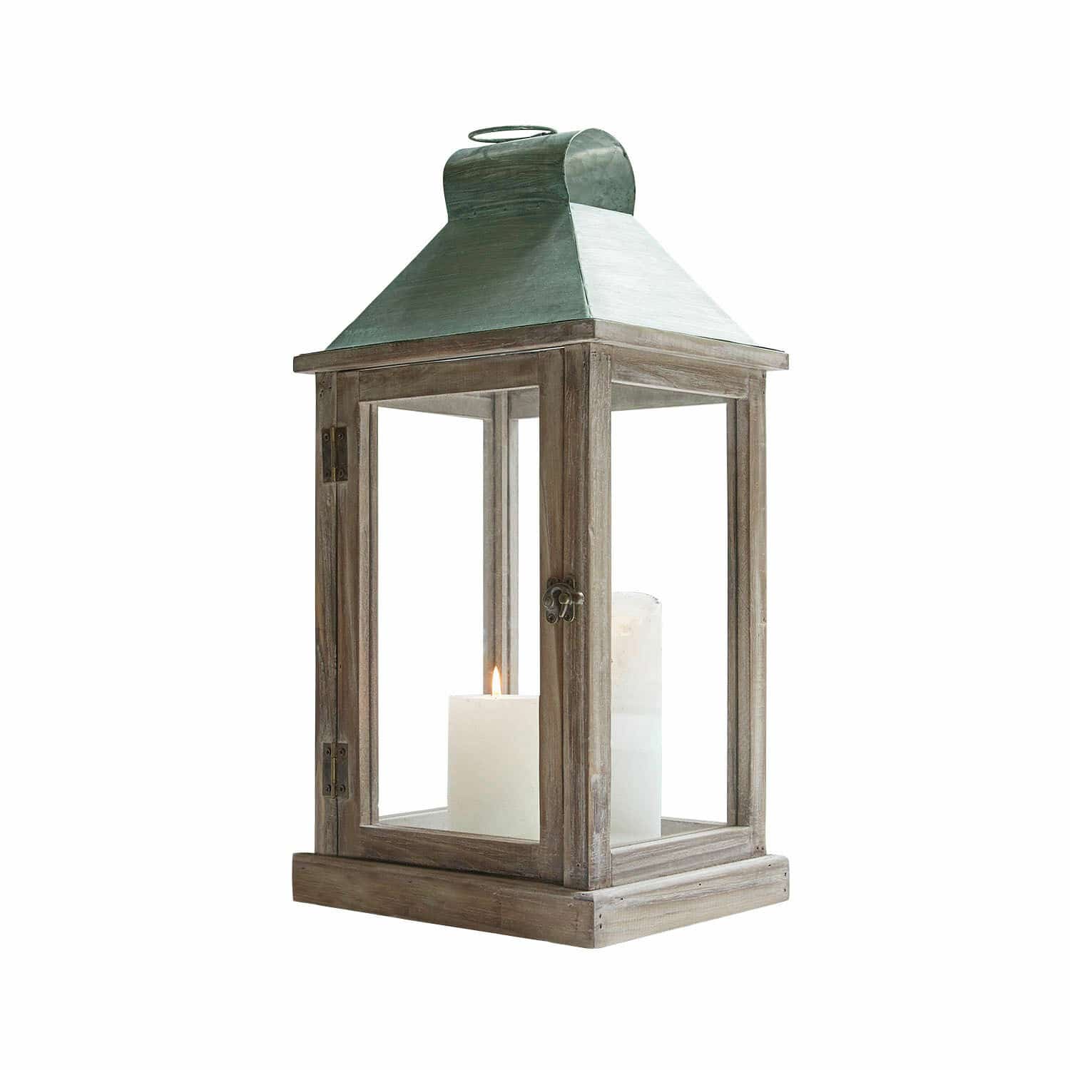 Lanterne Corte Lanterne en bois avec toit en métal vert et bougie blanche, décoration intérieure et extérieure
