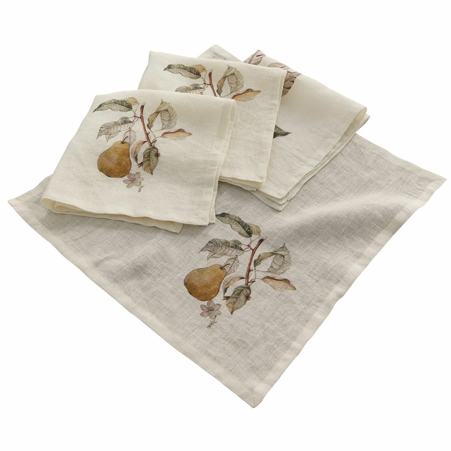 Lot de 4 serviettes de table Tupisa Serviettes en lin crème avec motif poire et feuilles, textiles décoratifs pour la table