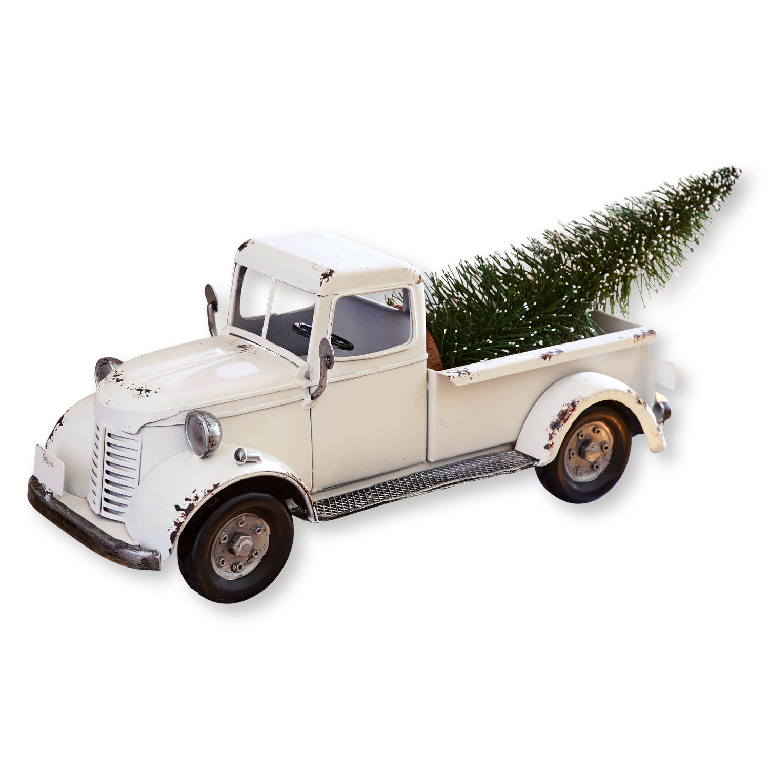 Camionnette décorative Formis Modèle de camion ancien en métal blanc avec un sapin vert décoratif dans la benne, décoration de Noël