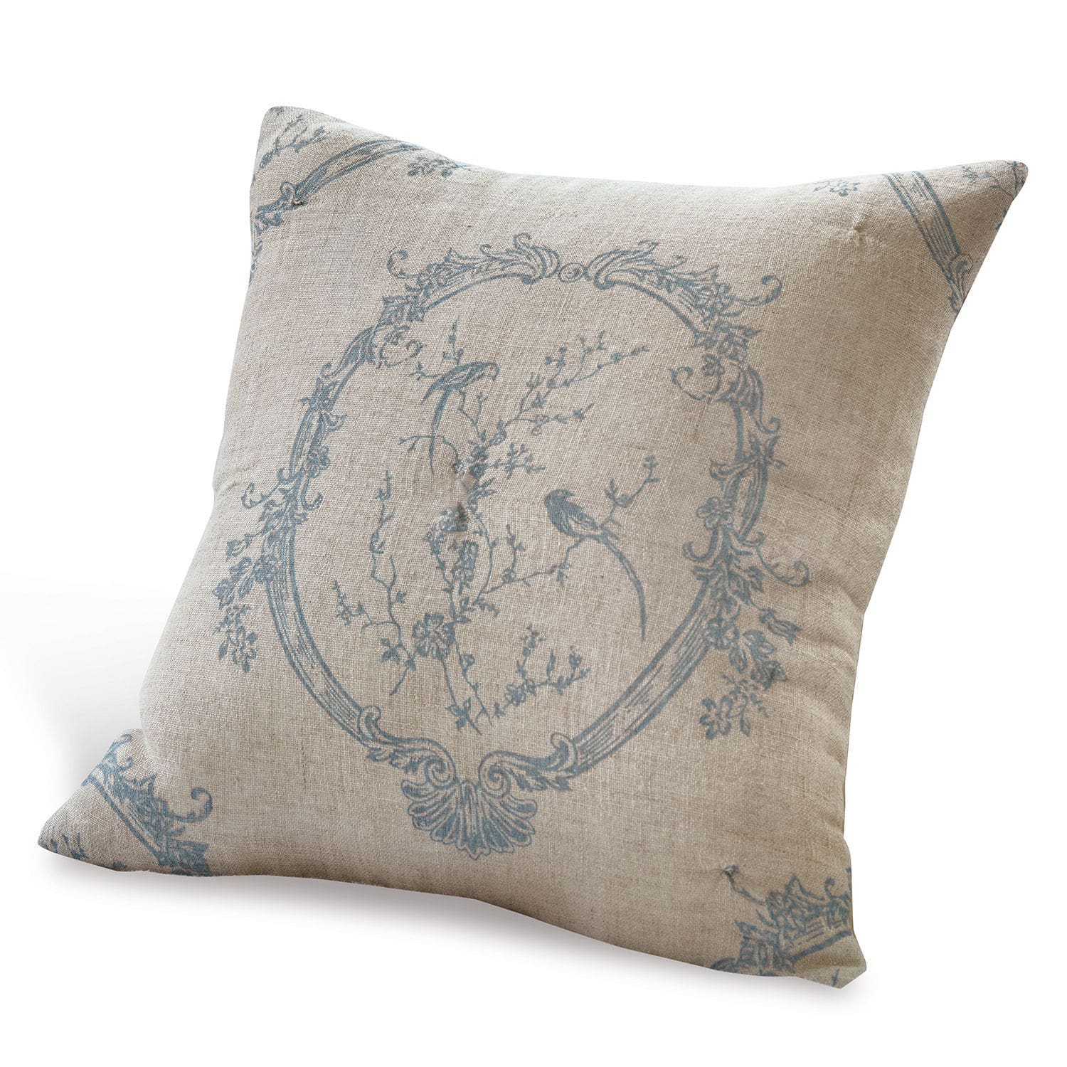 Housse de coussin Decadence Coussin beige en lin avec motif bleu d'oiseaux et plantes, décoration d'intérieur élégante