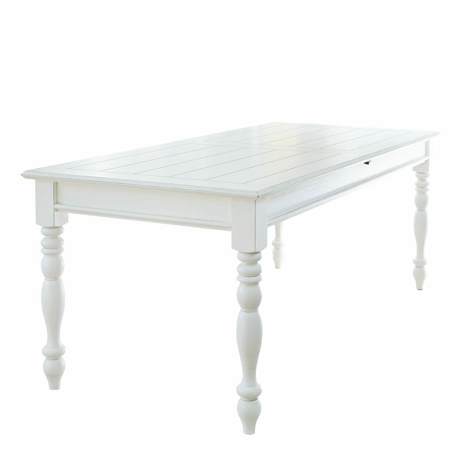 Table Thurleigh Table en bois blanc avec pieds sculptés et plateau simple, meuble de salle à manger