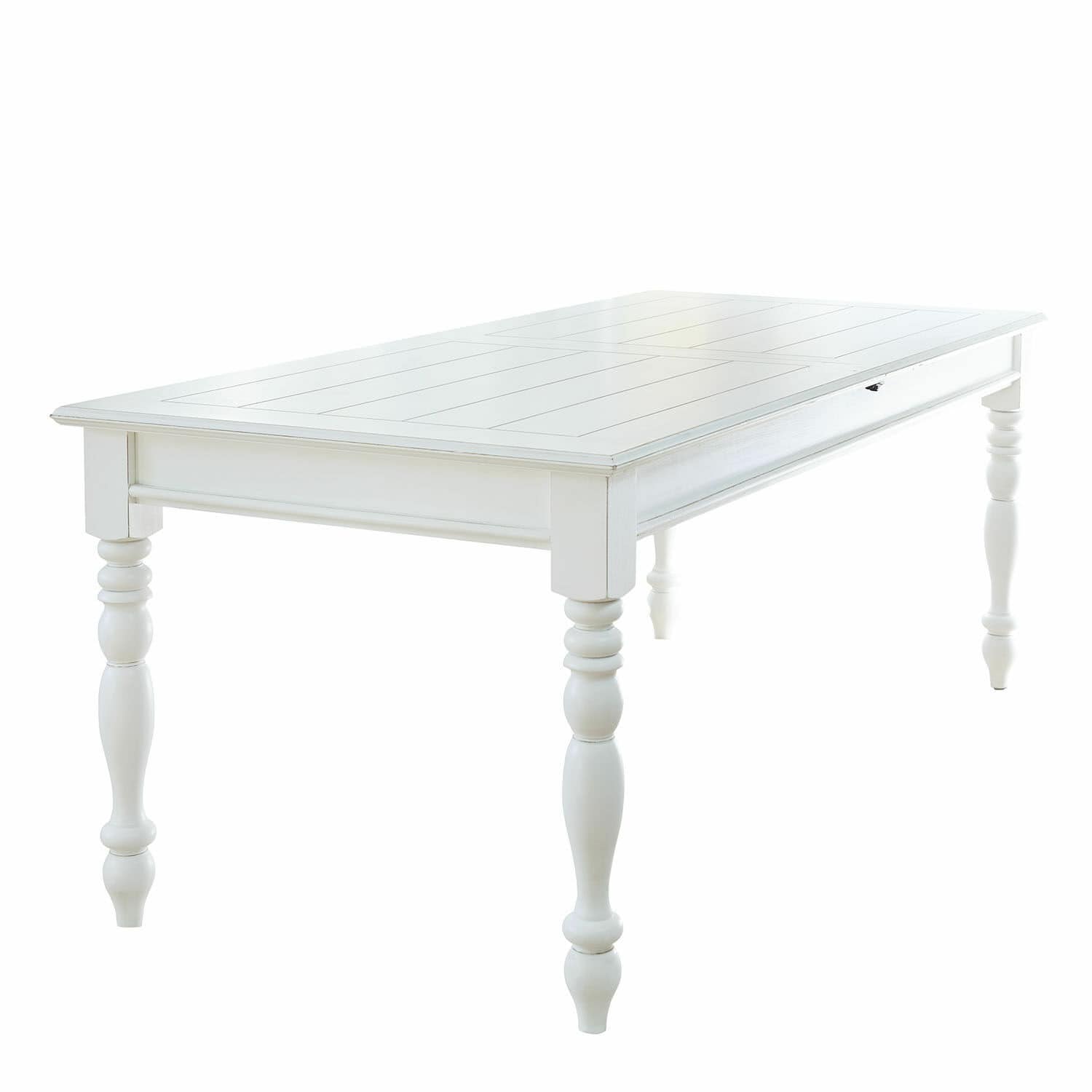 Table Thurleigh Table en bois blanc avec pieds sculptés et plateau simple, meuble de salle à manger