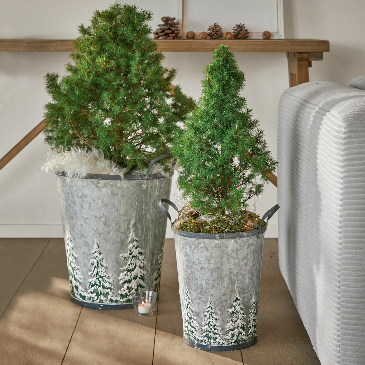 Lot de 2 seaux Pavie Deux seaux en métal avec plantes vertes et motif sapins enneigés posés sur un sol en bois