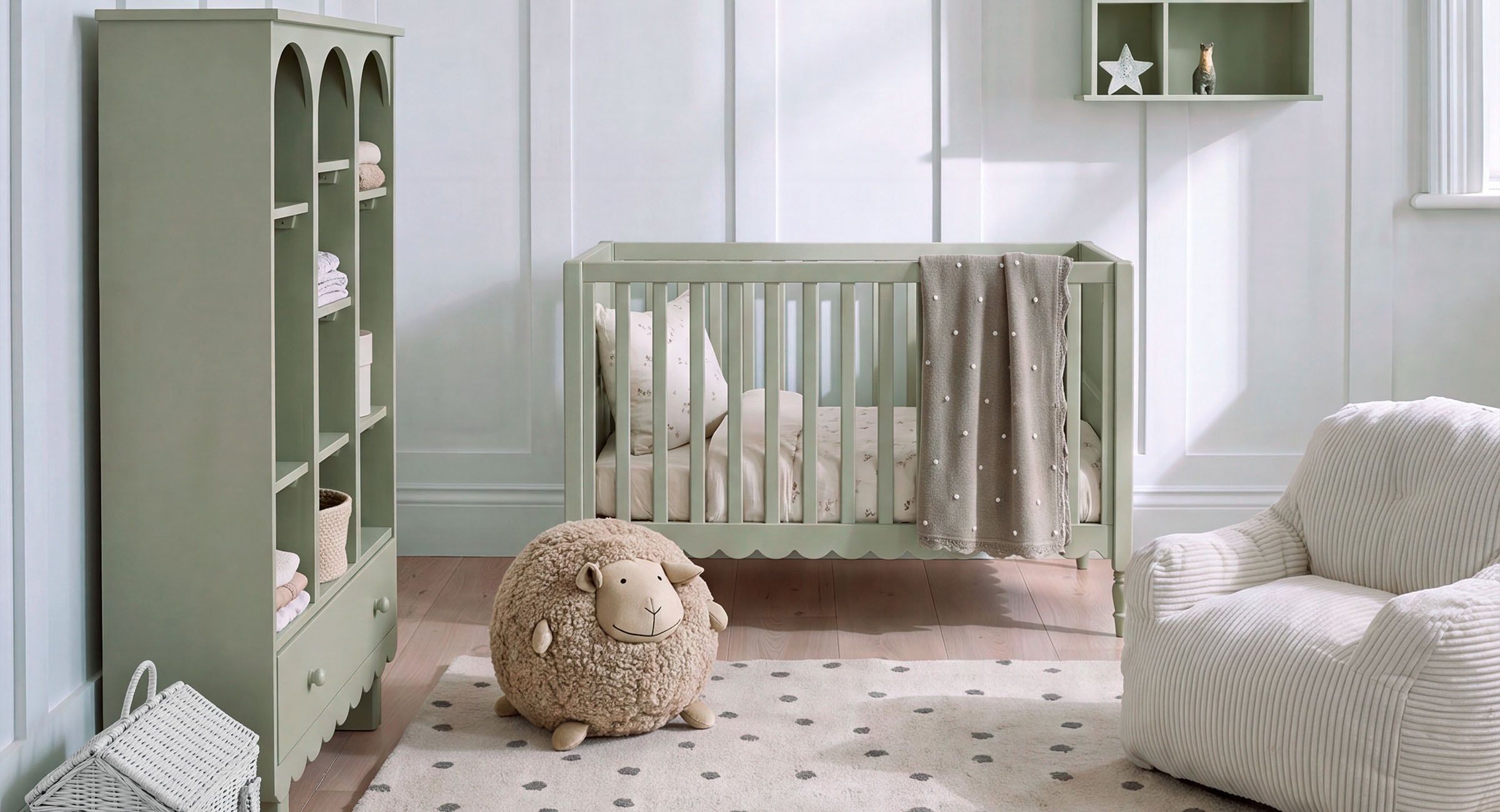 Chambre d'enfant avec lit vert, armoire et peluche mouton sur tapis à pois gris