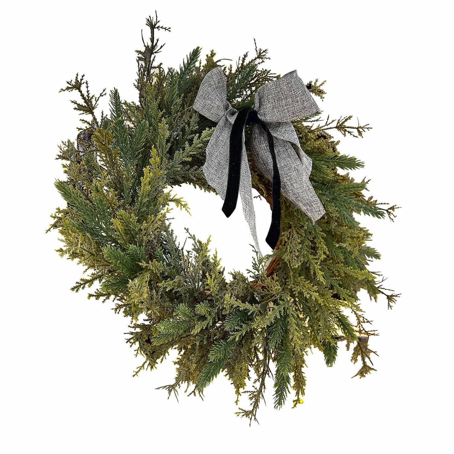 Couronne Julien Couronne de Noël en branches vertes avec un nœud gris, décoration festive pour porte