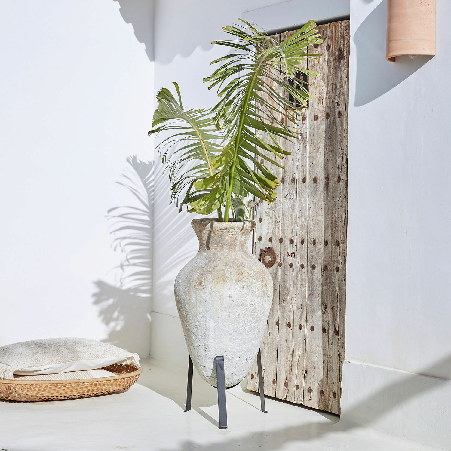Cache-pot Tearce Grand vase en terre cuite sur support métallique avec feuilles vertes dans un intérieur lumineux