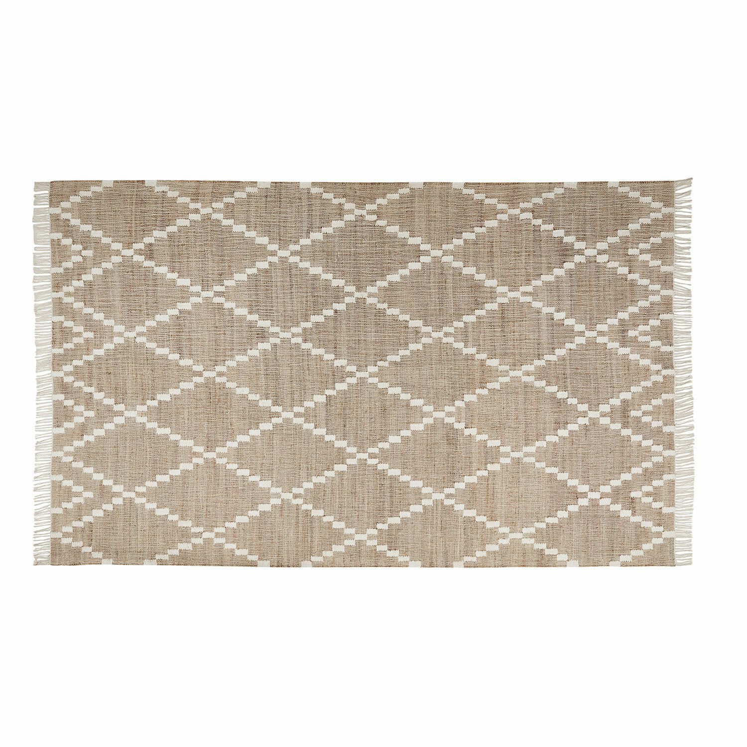 Tapis d’intérieur et d’extérieur Piera Tapis beige à motif géométrique avec franges, en matériau naturel, décoration intérieure élégante