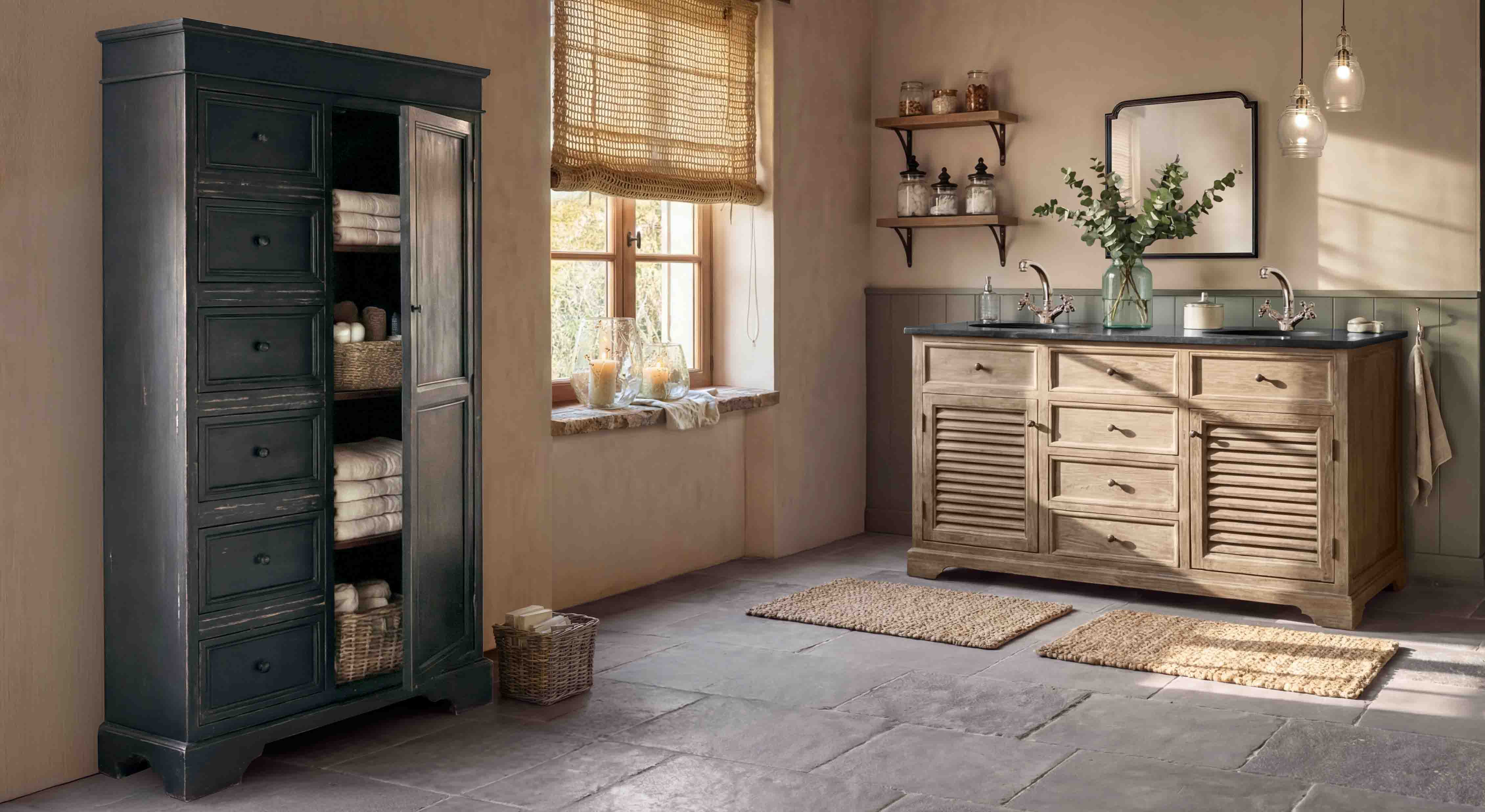 Salle de bain rustique avec meuble en bois clair et armoire noire pour serviettes, tapis naturels