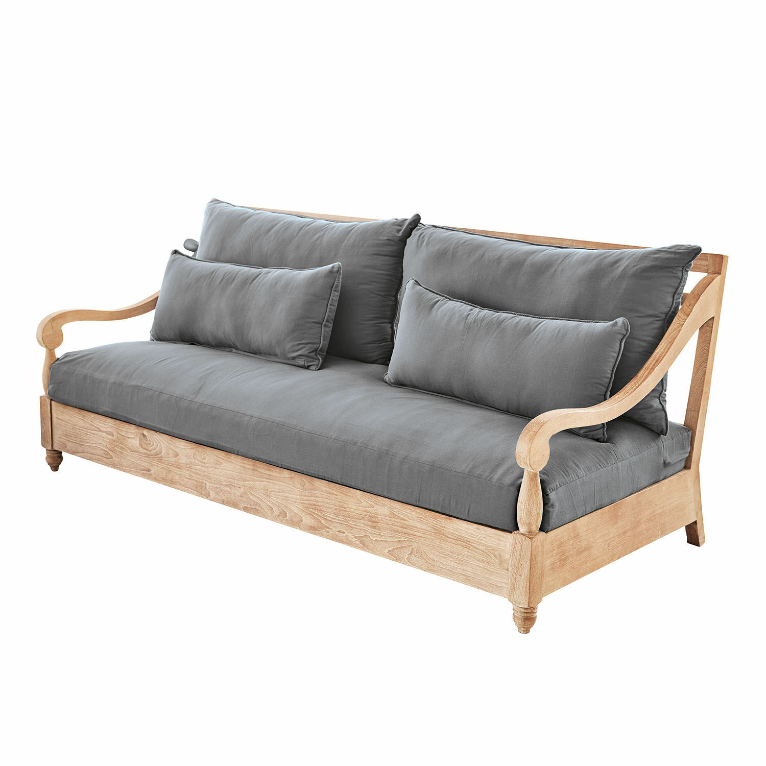 Canapé Montcassin Canapé en bois clair avec coussins gris, meuble confortable pour salon, matériaux naturels