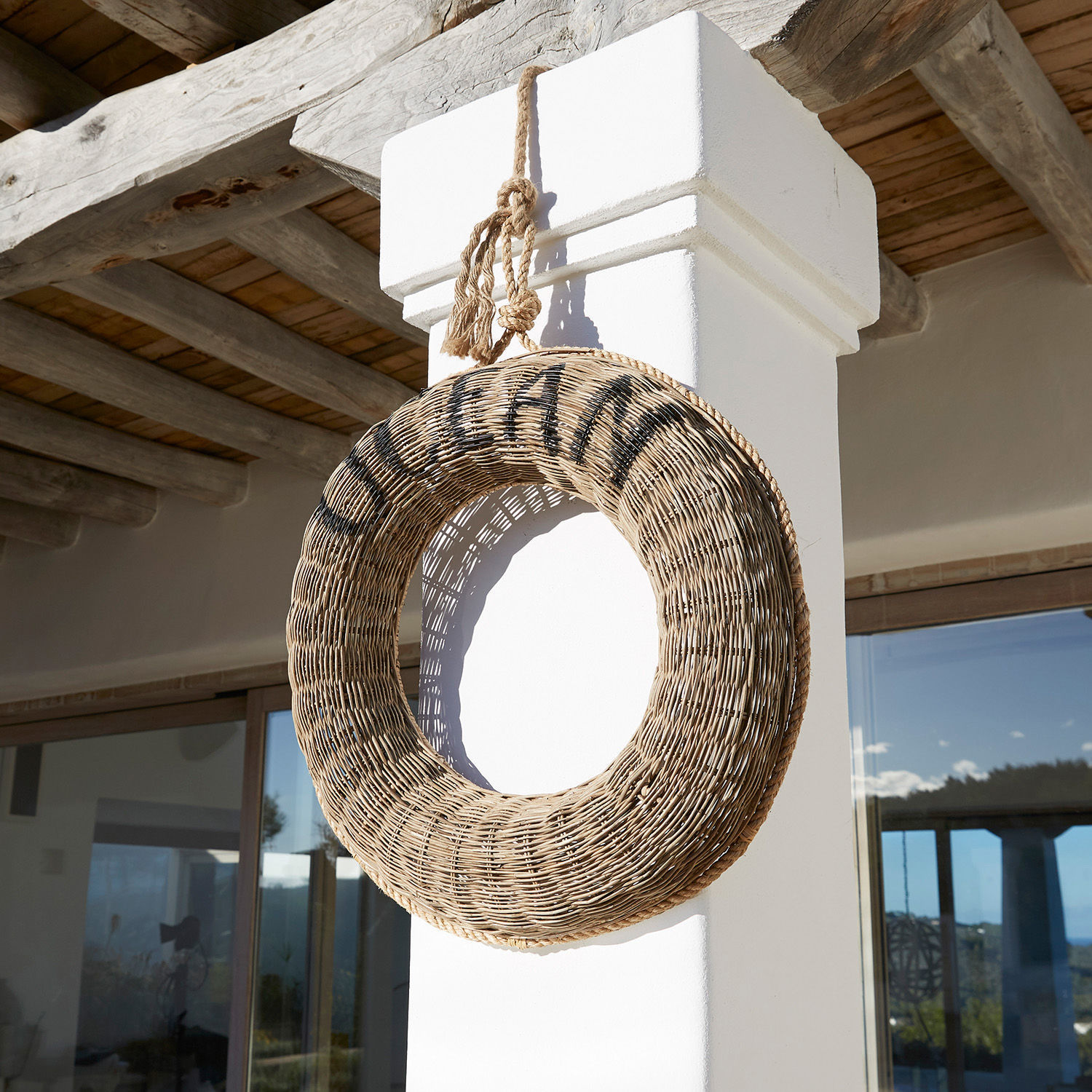 Bouée de sauvetage décorative Oceen Couronne ronde en osier naturel avec inscription, décoration murale pour intérieur et extérieur