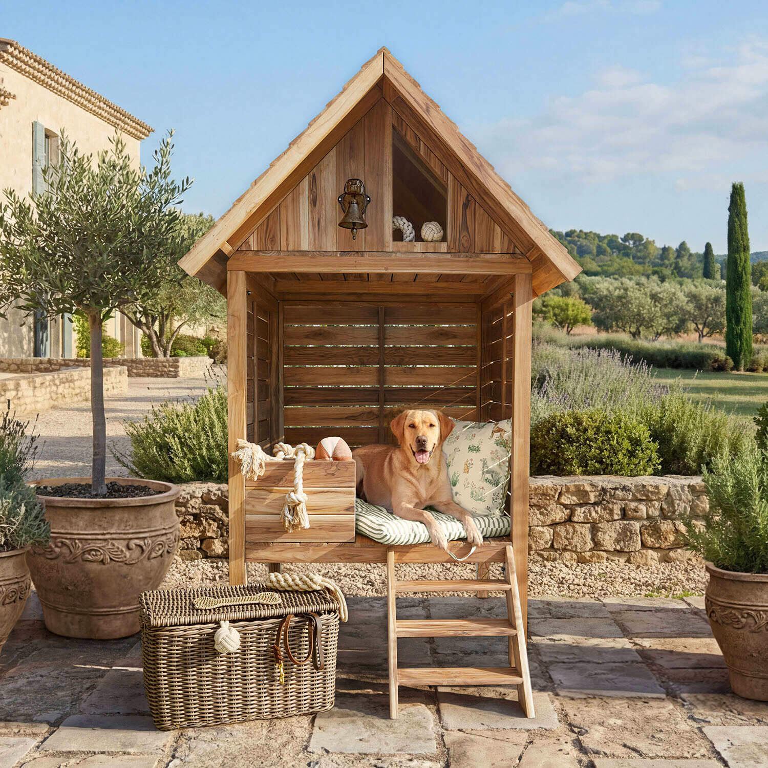 Niche pour chien Frevina Maison en bois pour chien avec coussin et jouets, chien beige allongé sur terrasse en jardin