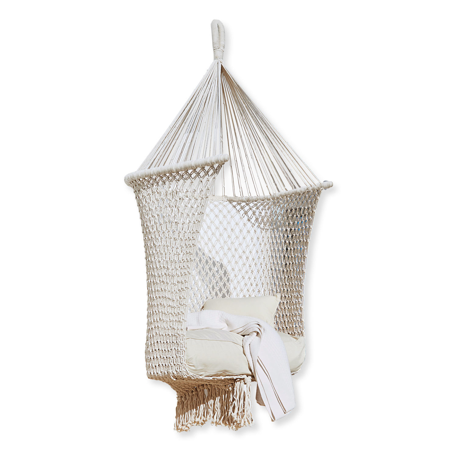 Fauteuil à suspendre Raffaelle Fauteuil suspendu en filet de coton beige avec coussin et couverture, idéal pour détente intérieure et extérieure