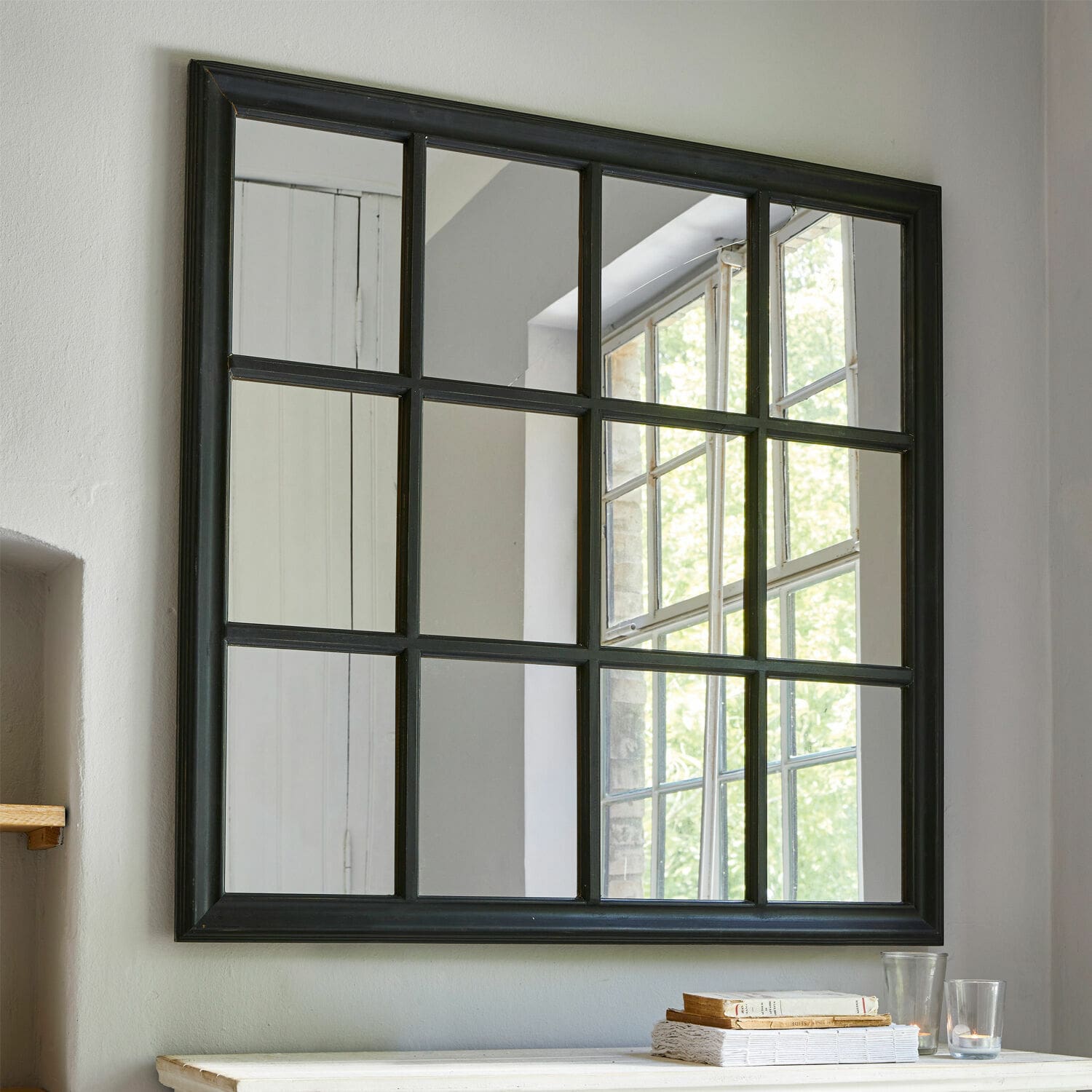 Miroir Wesley Miroir mural carré avec cadre noir divisé en 12 sections, décoration intérieure élégante