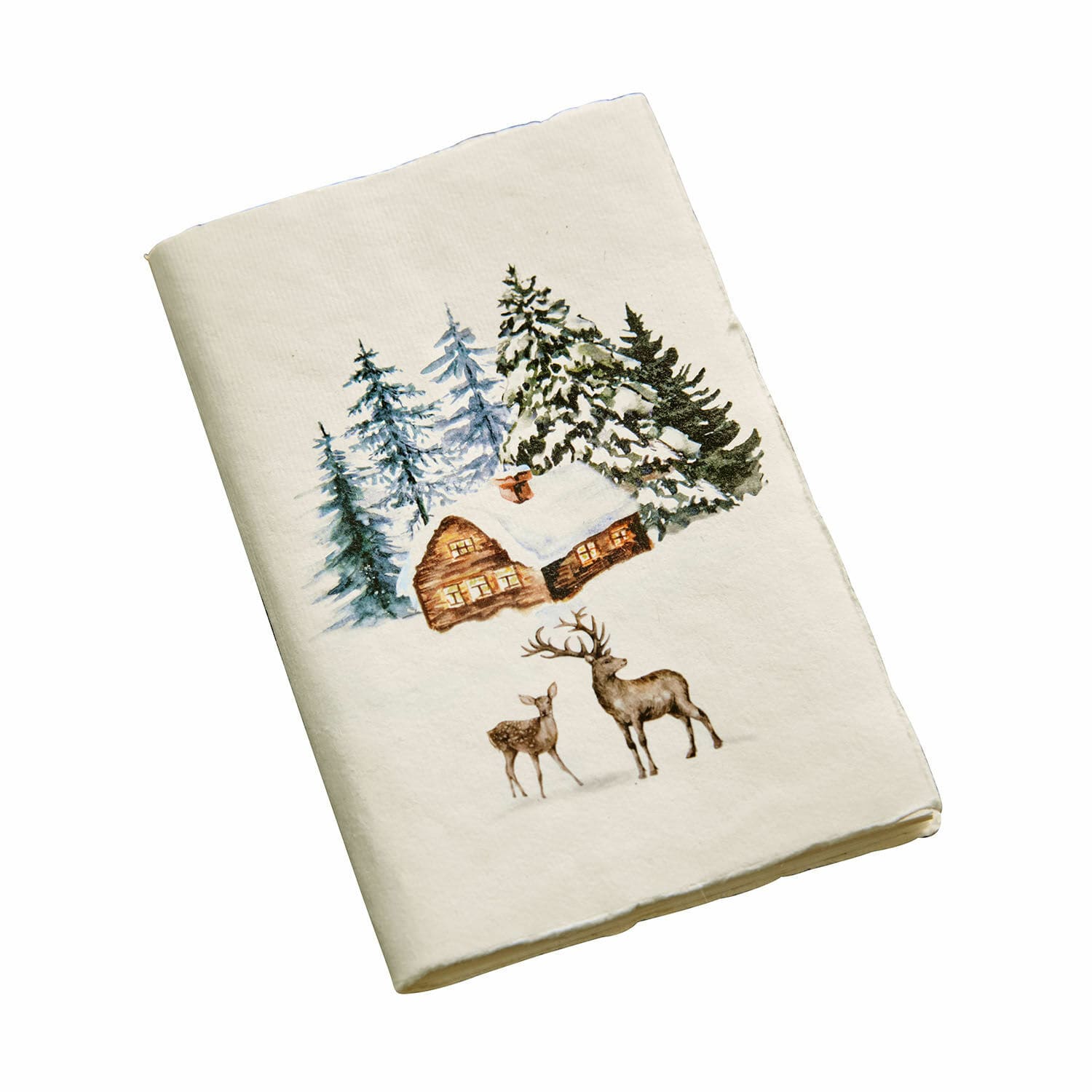 Carnet Lorandis Torchon en coton blanc avec motif hivernal chalet et cerfs, décoration de Noël pour la maison