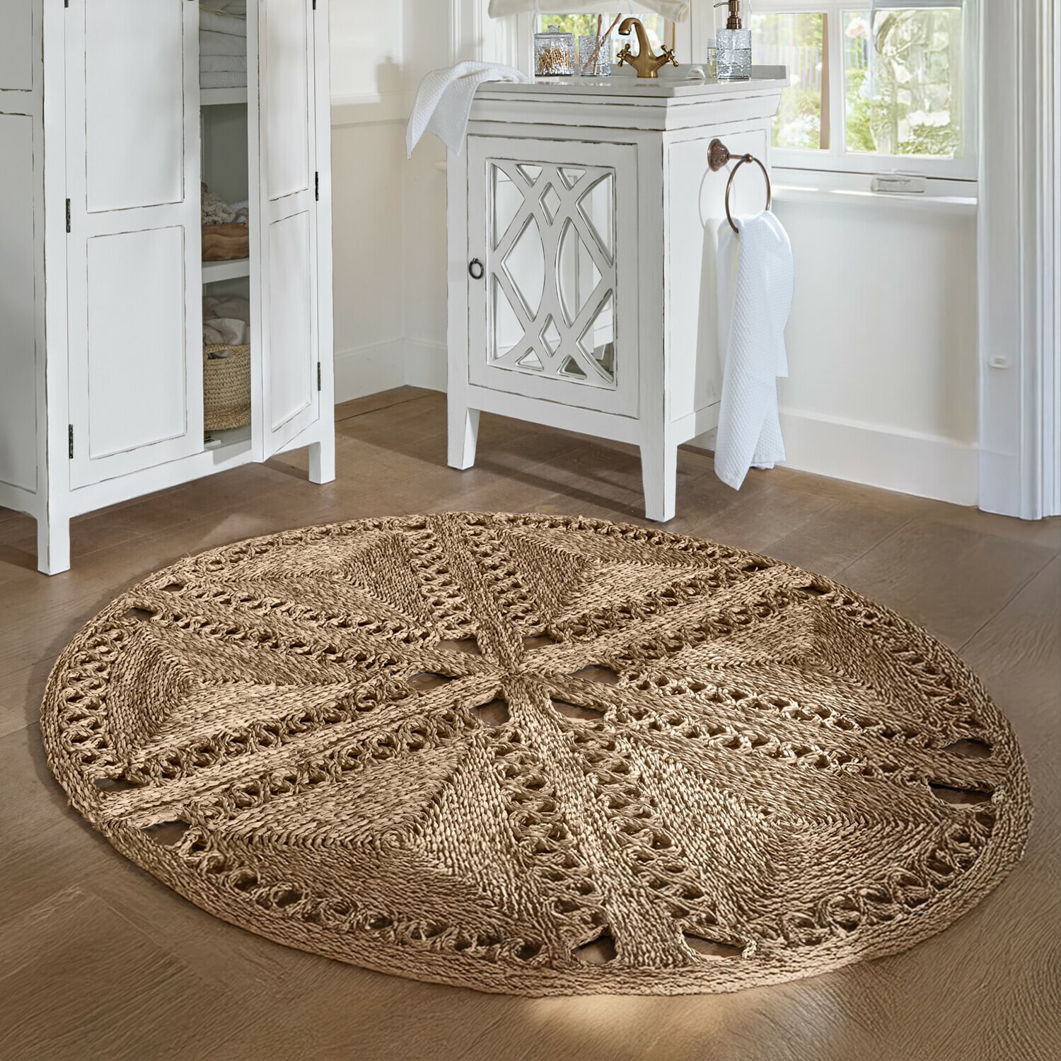 Tapis Penwicks Tapis rond en corde naturelle beige avec motif décoratif, idéal pour salon ou salle de bain