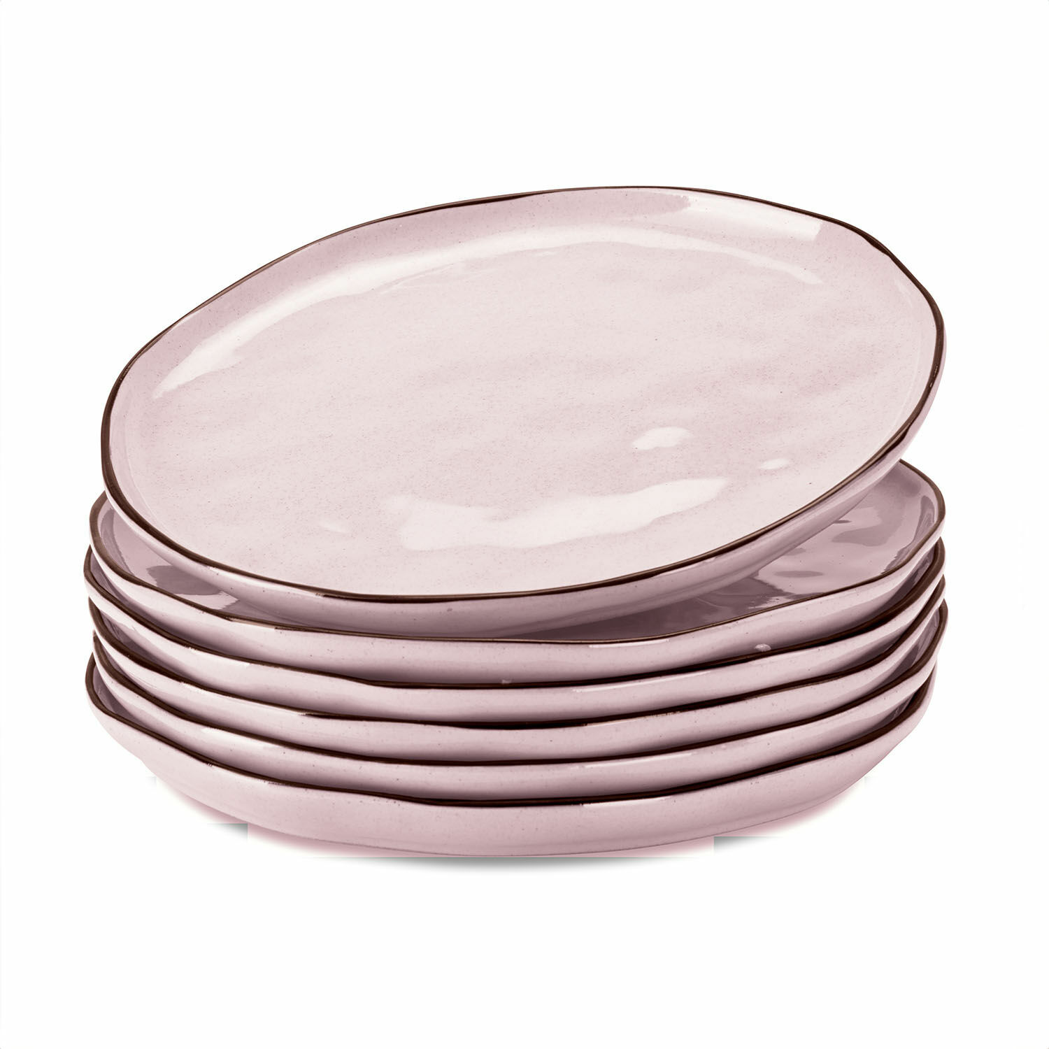 rose Ensemble de 6 assiettes en céramique Biarritz rose avec bord marron, idéal pour la table