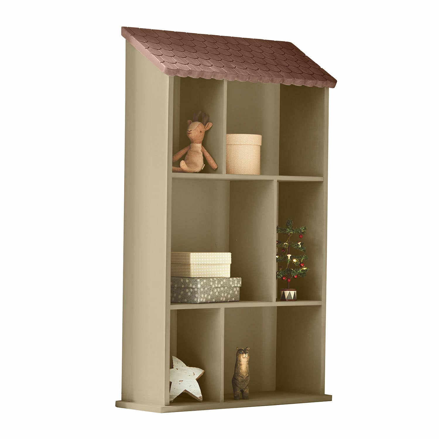Étagère murale Zerith Étagère en bois beige en forme de maison avec toit marron et décorations de Noël