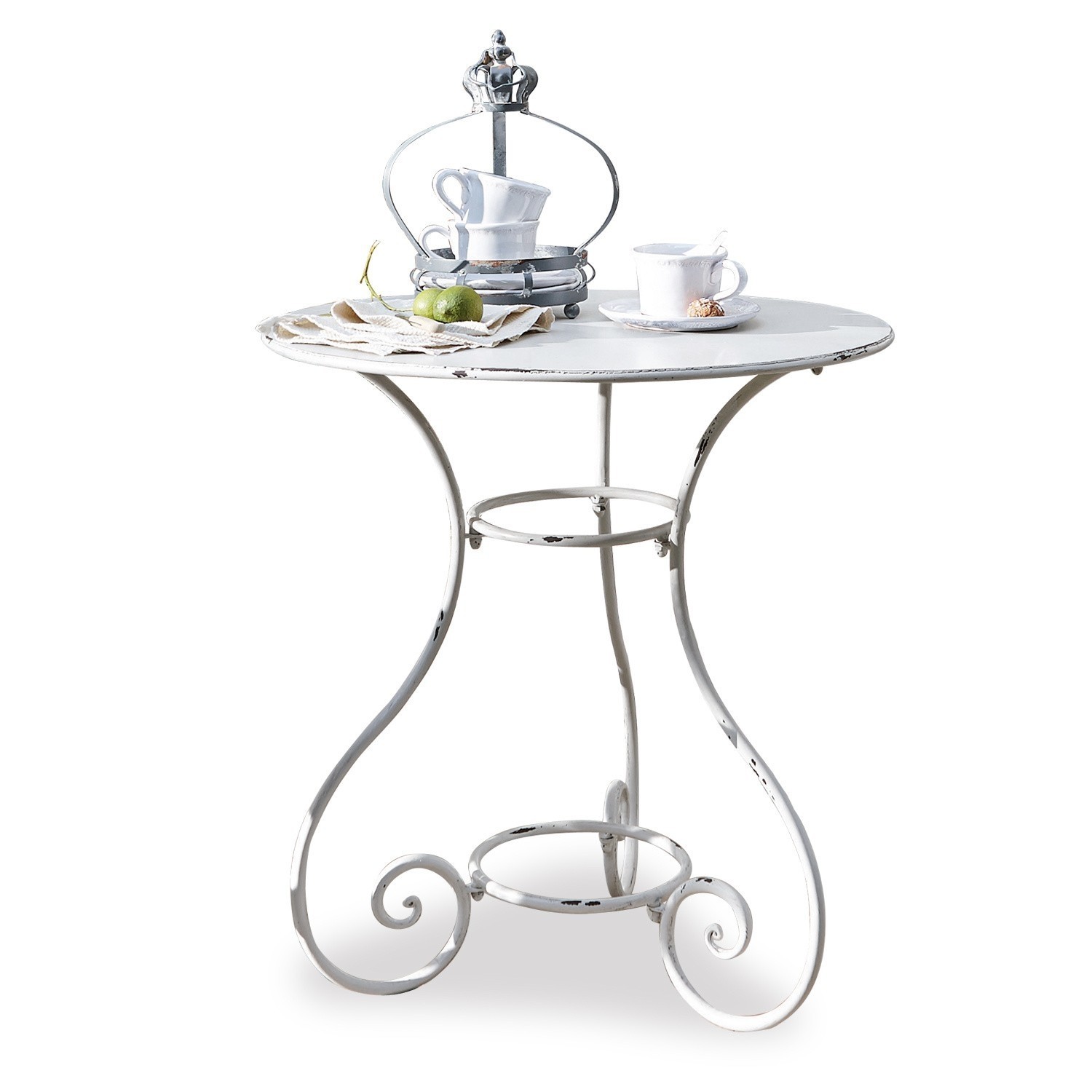 Table Iteuil Table ronde blanche en métal avec pieds décoratifs et tasses à café posées dessus