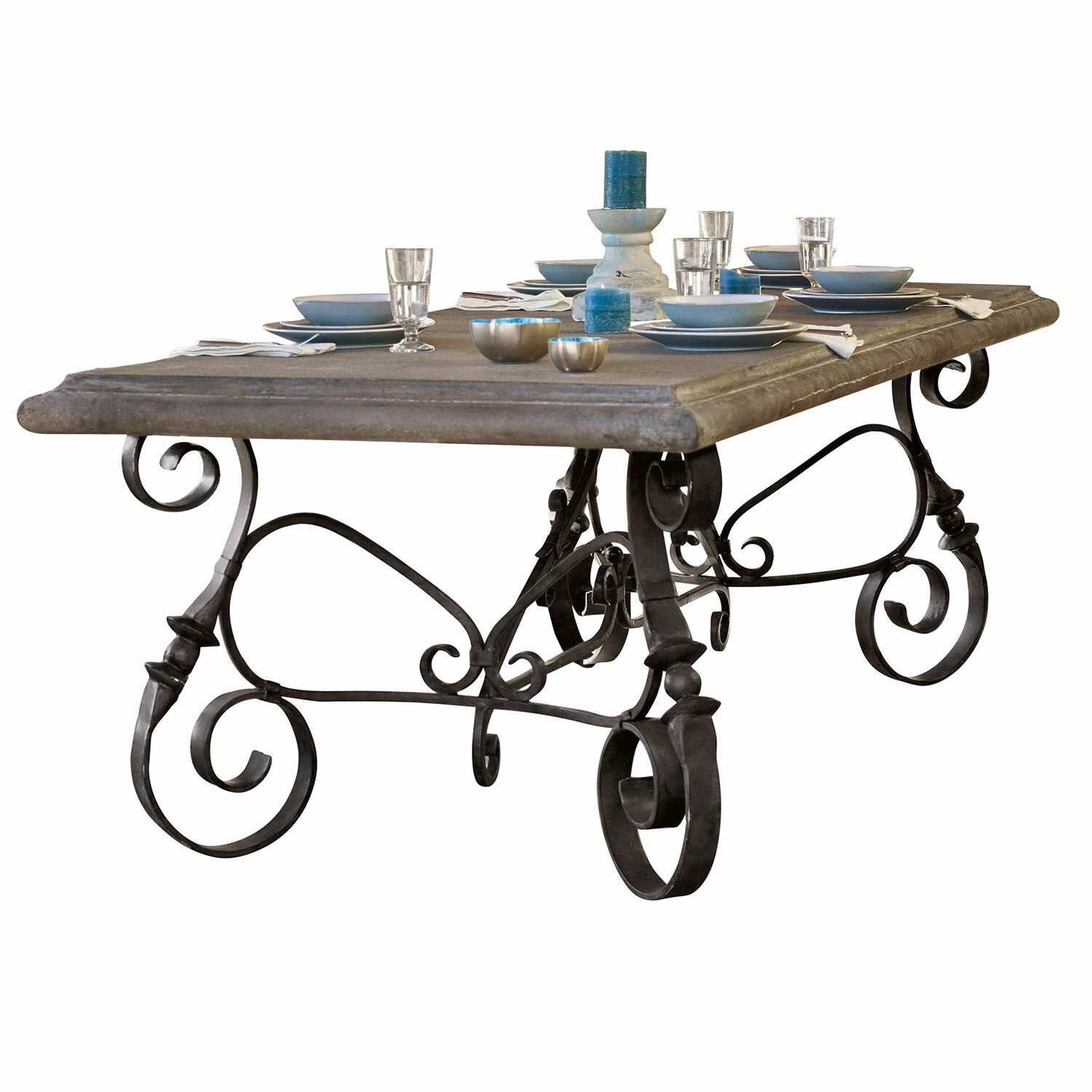 Table Bréhéville Table avec plateau en pierre et pieds en métal décoratifs style vintage pour salle à manger