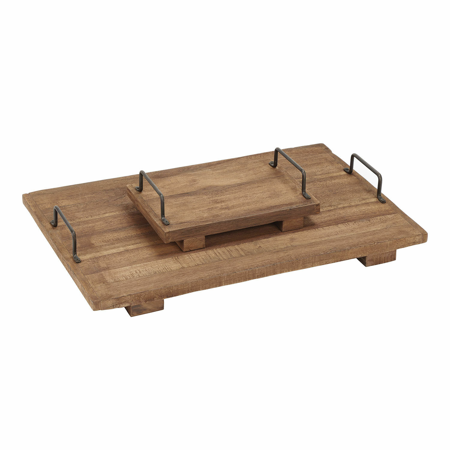 Lot de 2 plateaux Conner Plateau en bois naturel avec poignées métalliques noires, idéal pour servir des boissons
