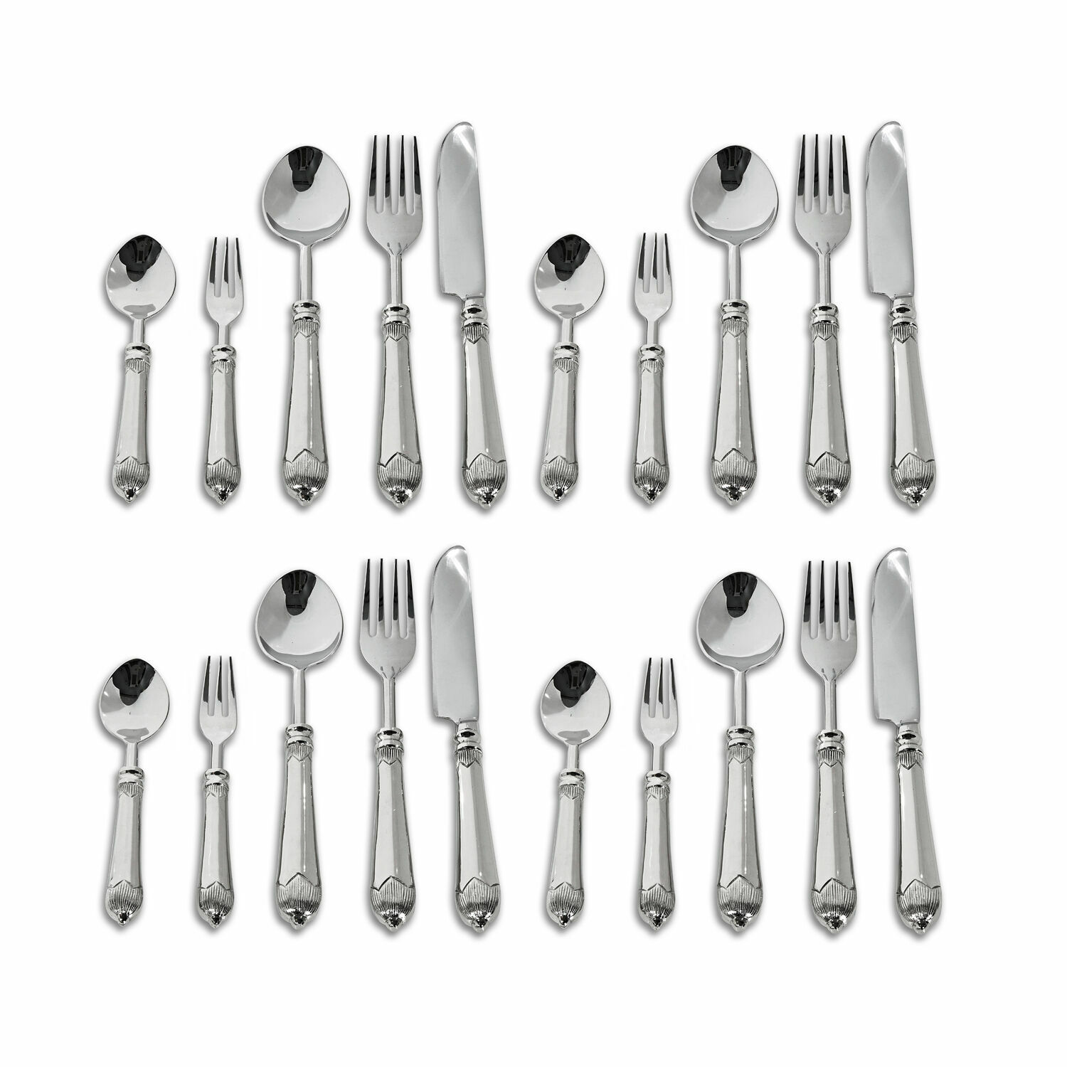 Couverts Gasharba Ensemble de couverts en acier inoxydable argenté avec poignées décoratives pour une table élégante.