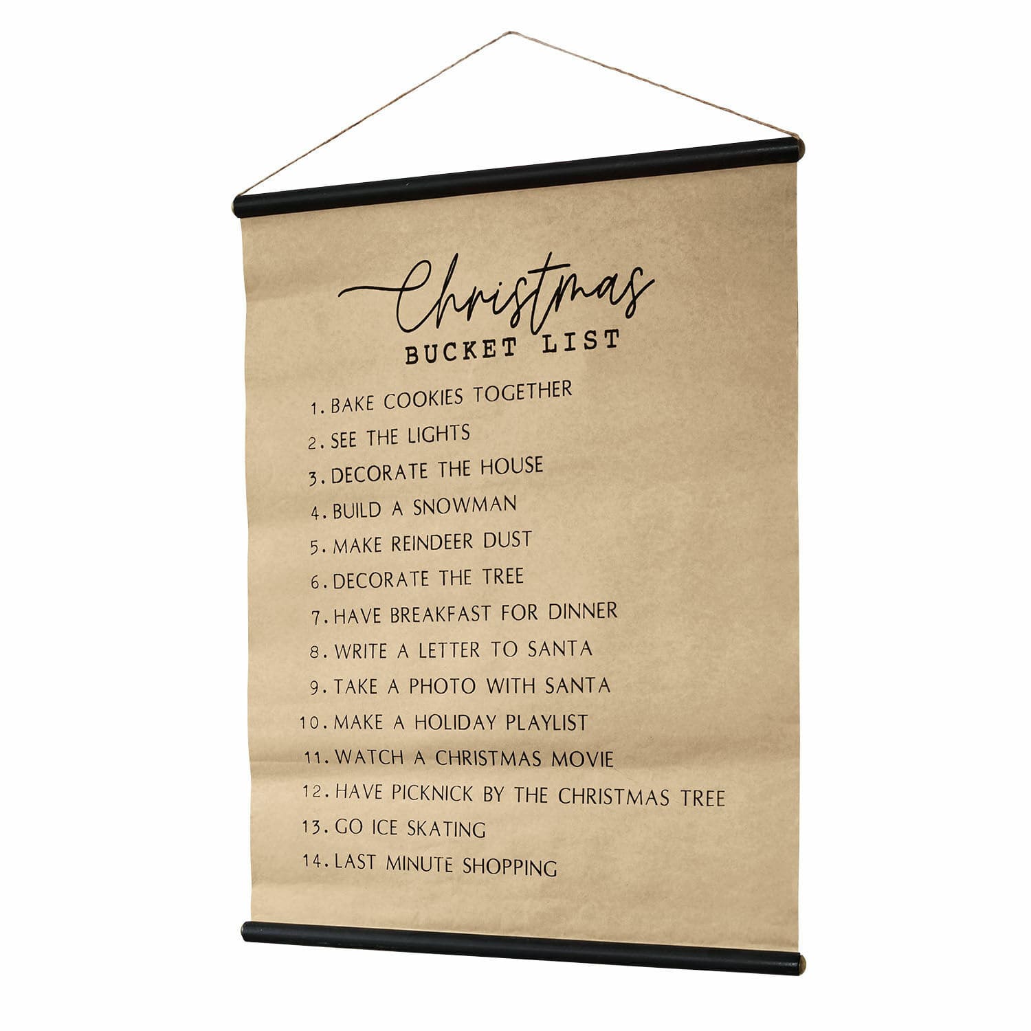 Tableau Christmas Bucket List Affiche murale décorative avec liste d'activités de Noël sur papier brun avec détails noirs