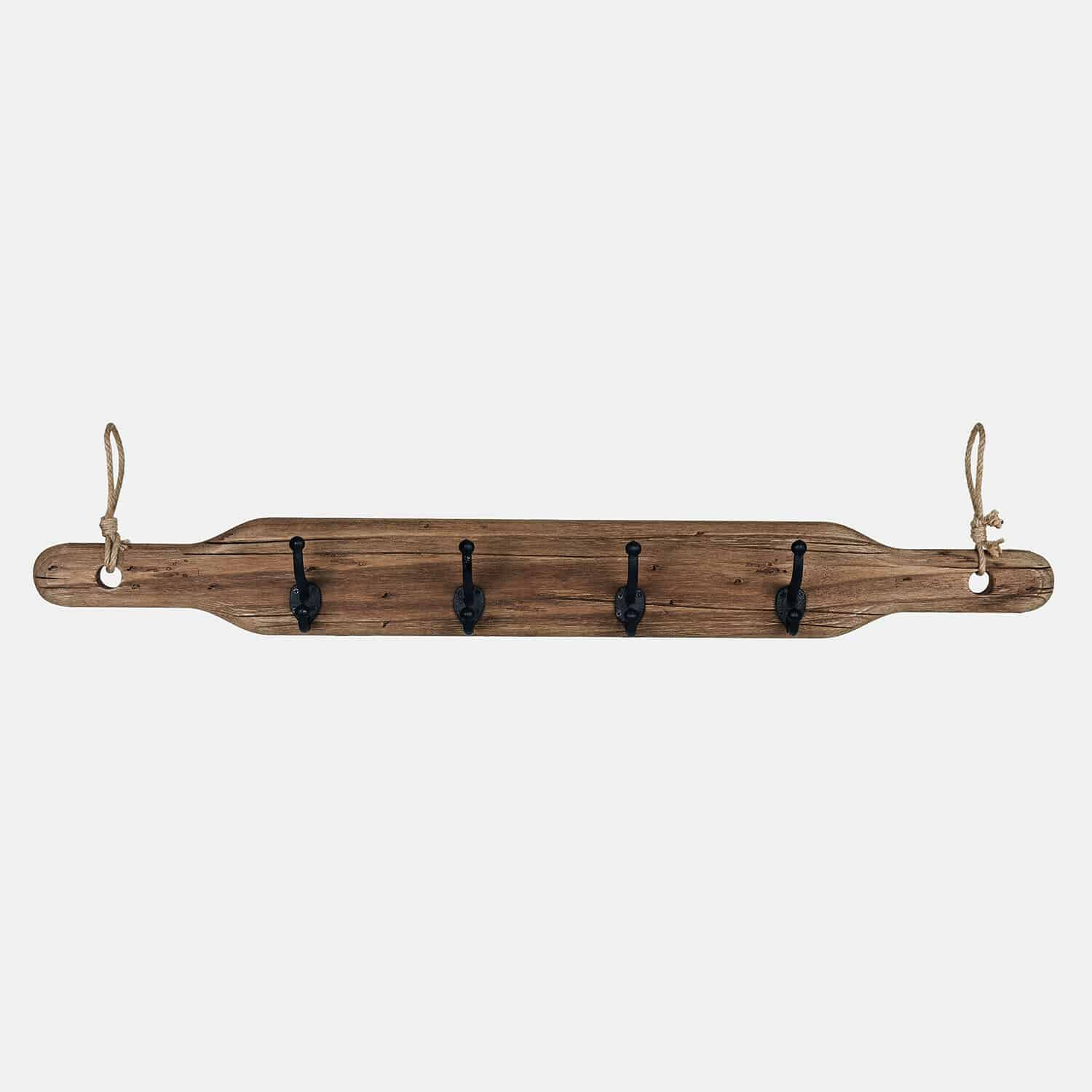 Portemanteau Havsberg Patère murale rustique en bois avec quatre crochets en métal noir et cordon pour suspension