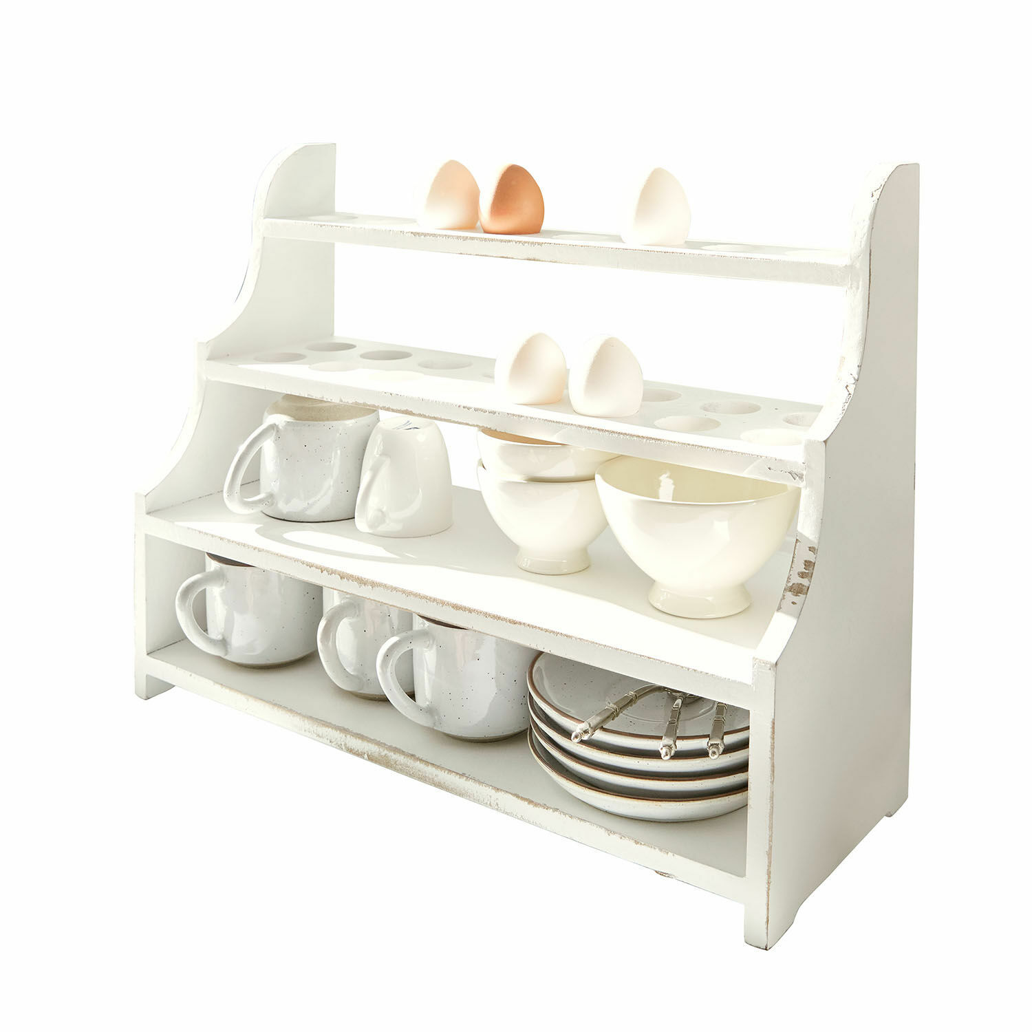 Organiseur Pervina Étagère de cuisine en bois blanc avec compartiments pour œufs, tasses et bols pour rangement