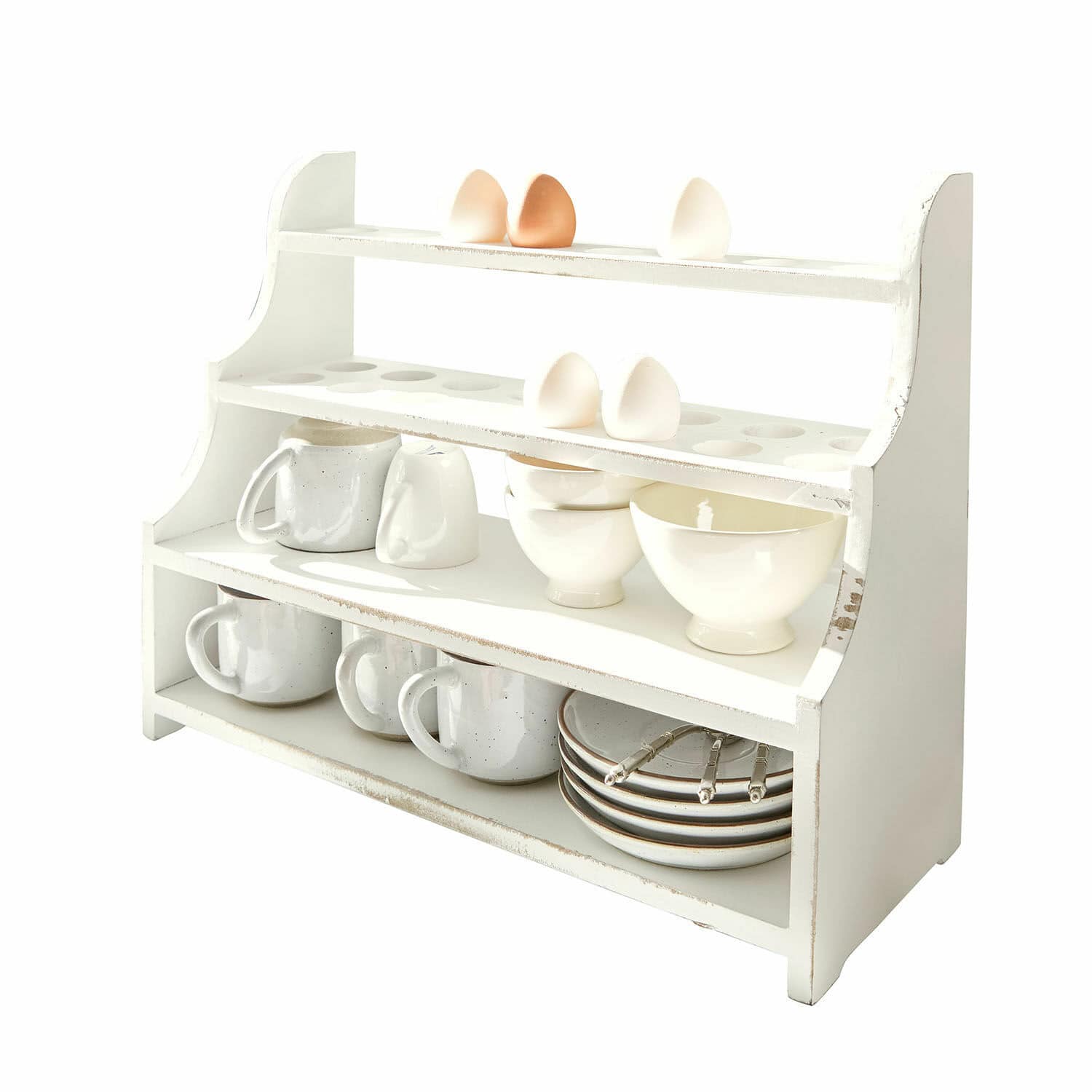 Organiseur Pervina Étagère de cuisine en bois blanc avec compartiments pour œufs, tasses et bols pour rangement