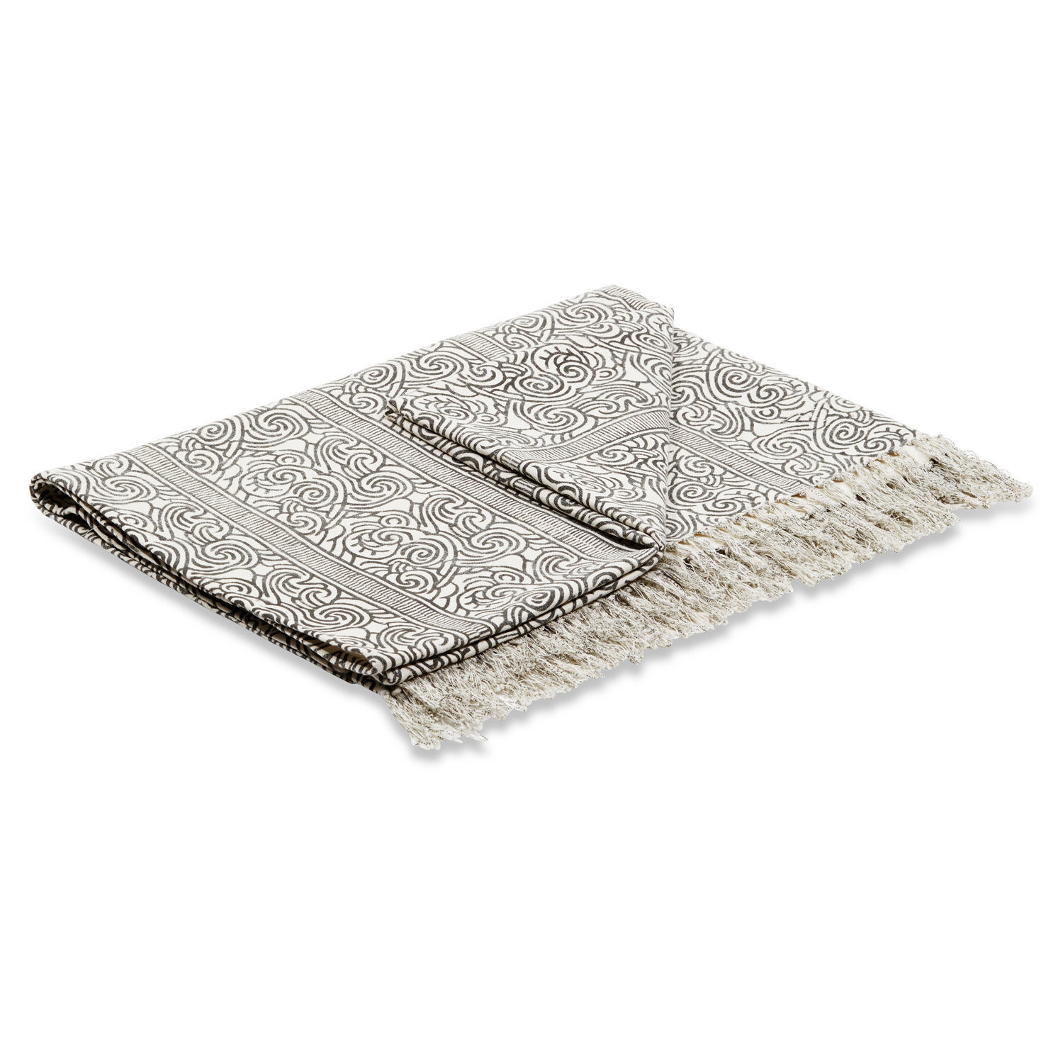 Plaid Ensis Plaid en coton blanc avec motif noir et franges, accessoire textile décoratif pour la maison