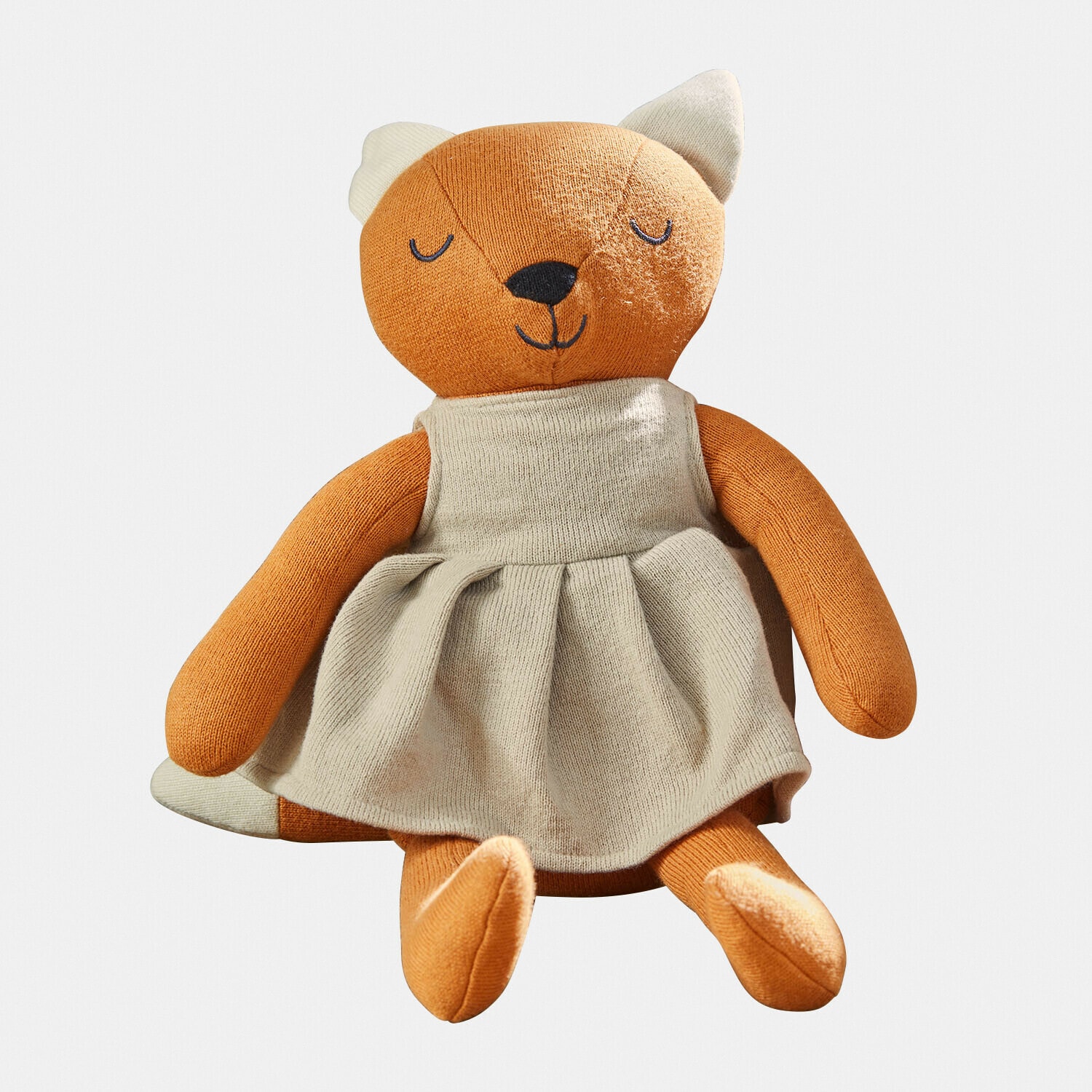 Peluche Fuzzlin Peluche renard orange en tissu tricoté avec robe beige, jouet doux pour enfants