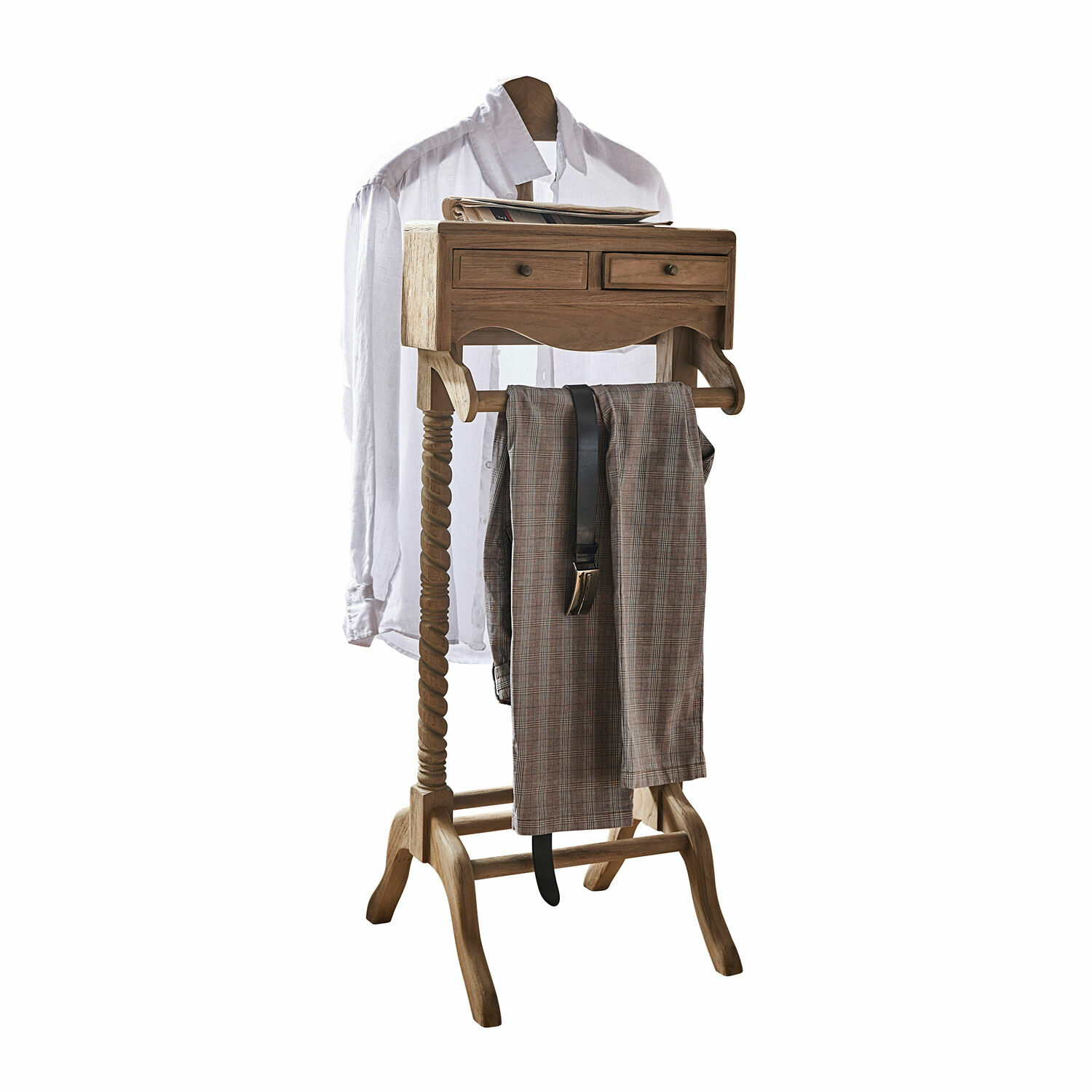 Valet de nuit Doncaster Valet en bois naturel avec tiroirs et porte-pantalon, support pour chemise et accessoires