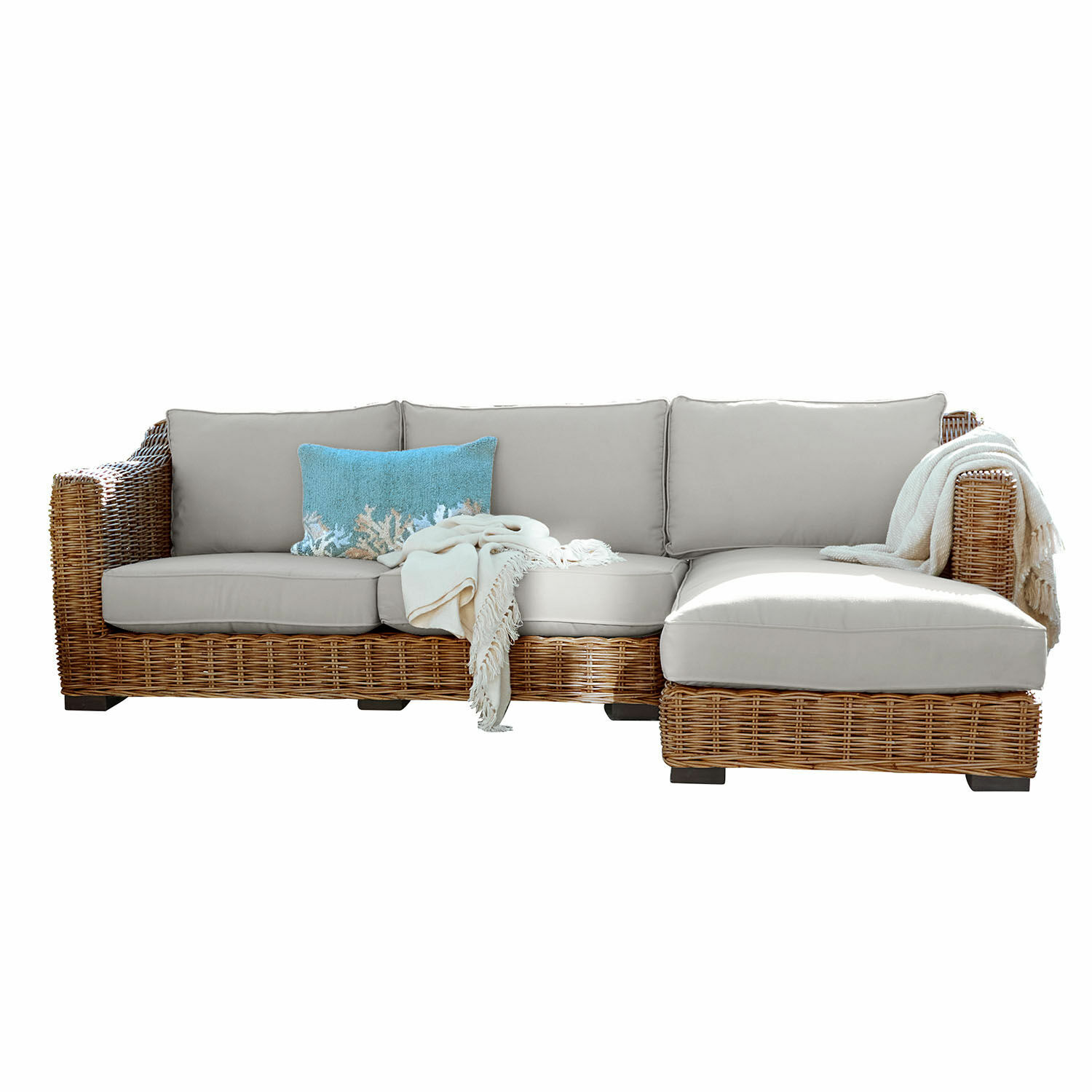 gris/marron Canapé Villedieu en rotin marron avec coussins gris et coussin décoratif bleu clair