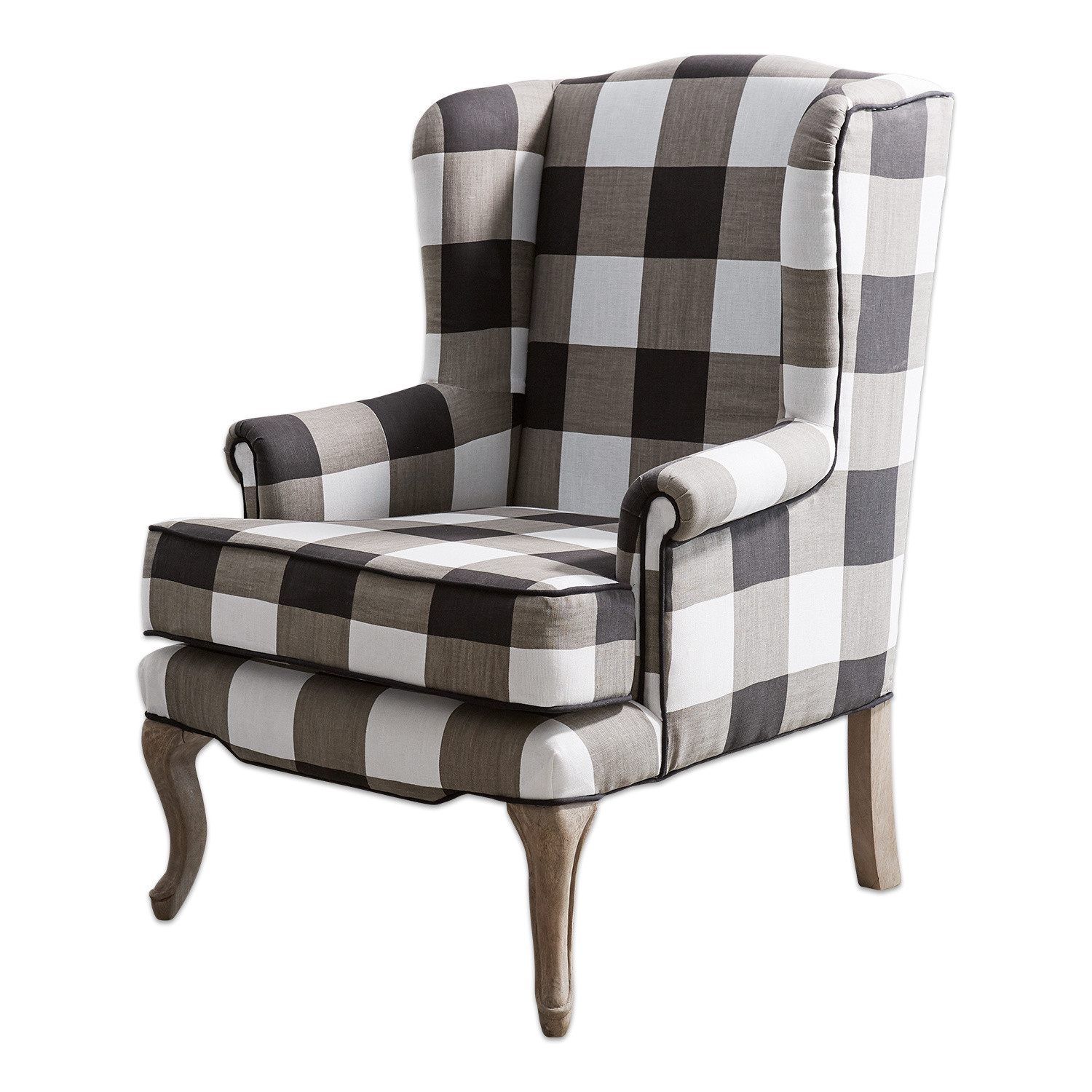 Fauteuil Cadi en tissu à carreaux noir et blanc avec pieds en bois, meuble élégant pour salon